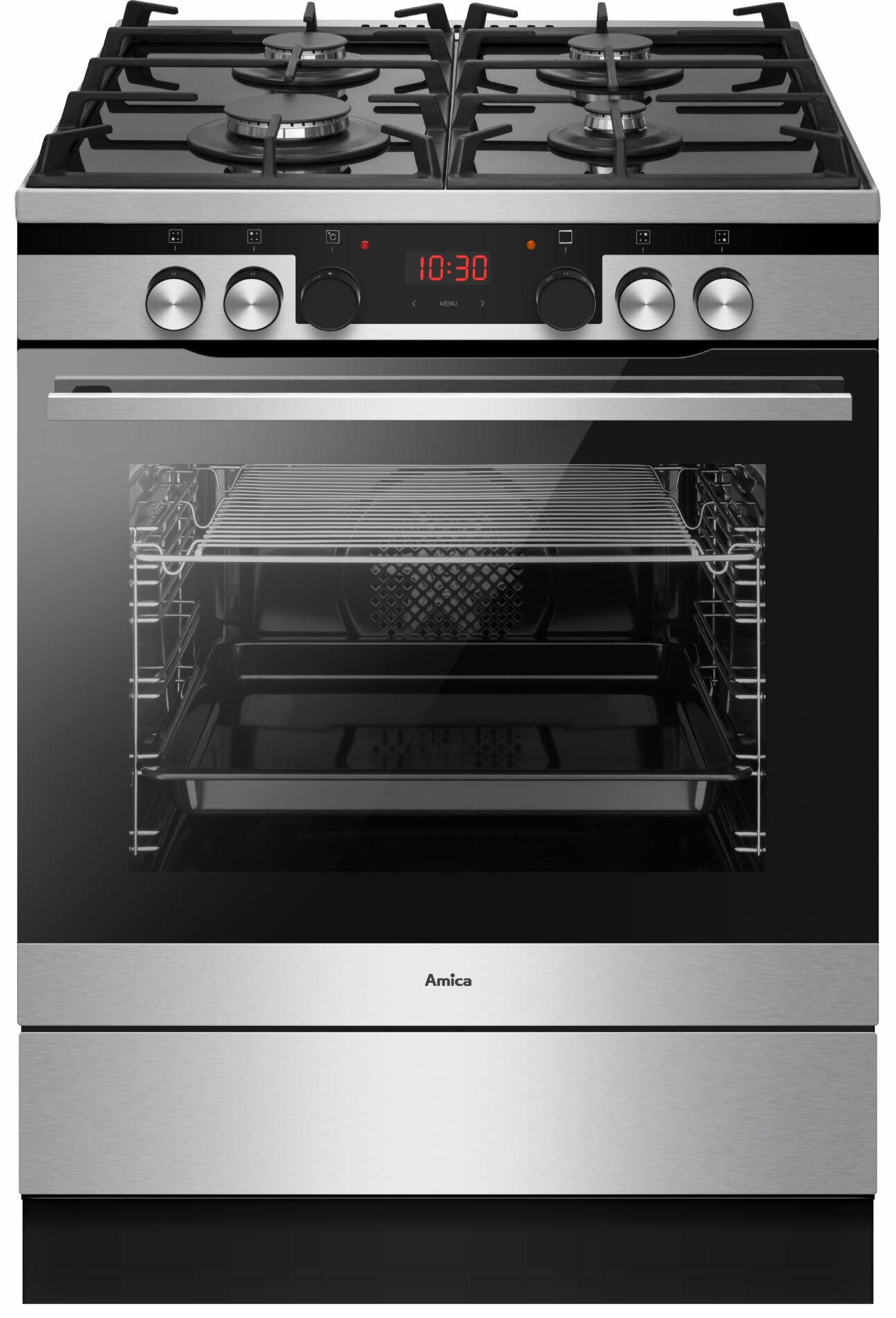 Piekarnik ze stali nierdzewnej z czarnymi drzwiami. Zegar cyfrowy na górze, widoczne cztery palniki.