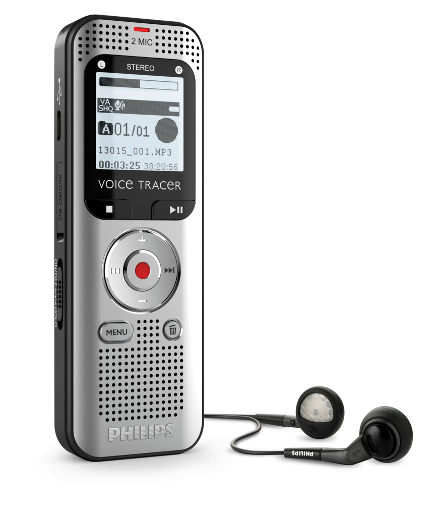 Philips Voice Tracer digitaler Diktierrekorder mit Kopfhörern, silber und schwarz.