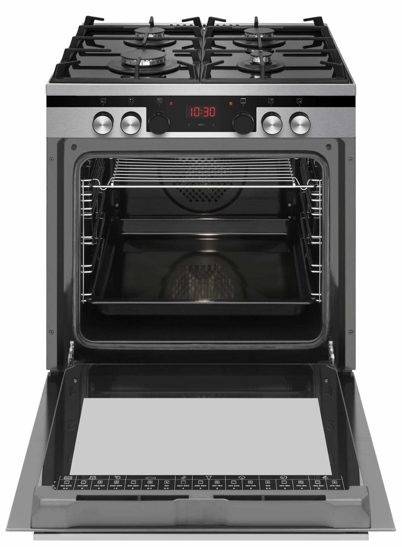 Kuchenka gazowa ze stali nierdzewnej z otwartymi drzwiami piekarnika, wyświetlająca zegar cyfrowy.