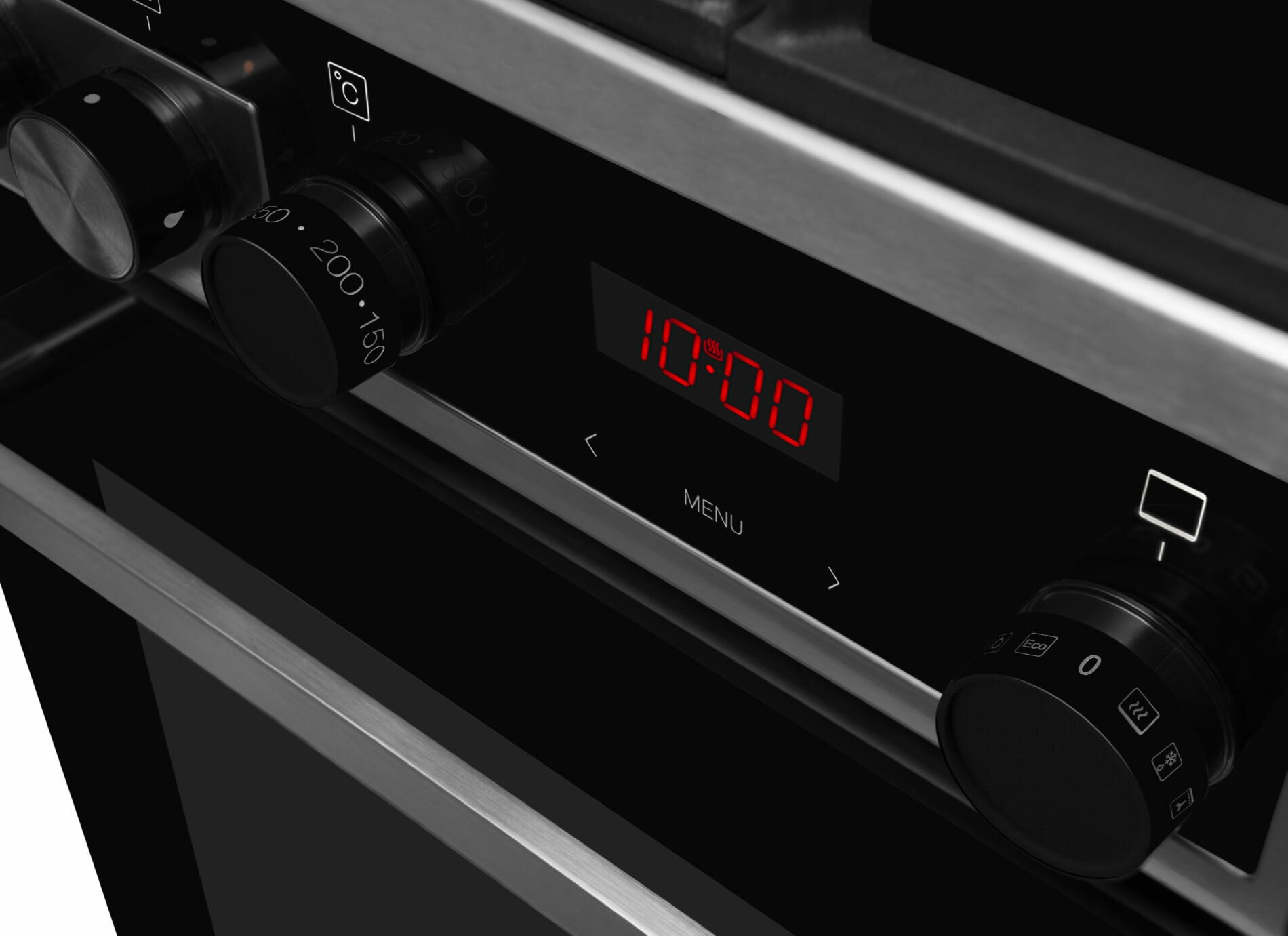 Zbliżenie panelu sterowania piekarnika z wyświetlaczem czasu o godzinie 10:00. Widoczne pokrętła i przyciski menu.