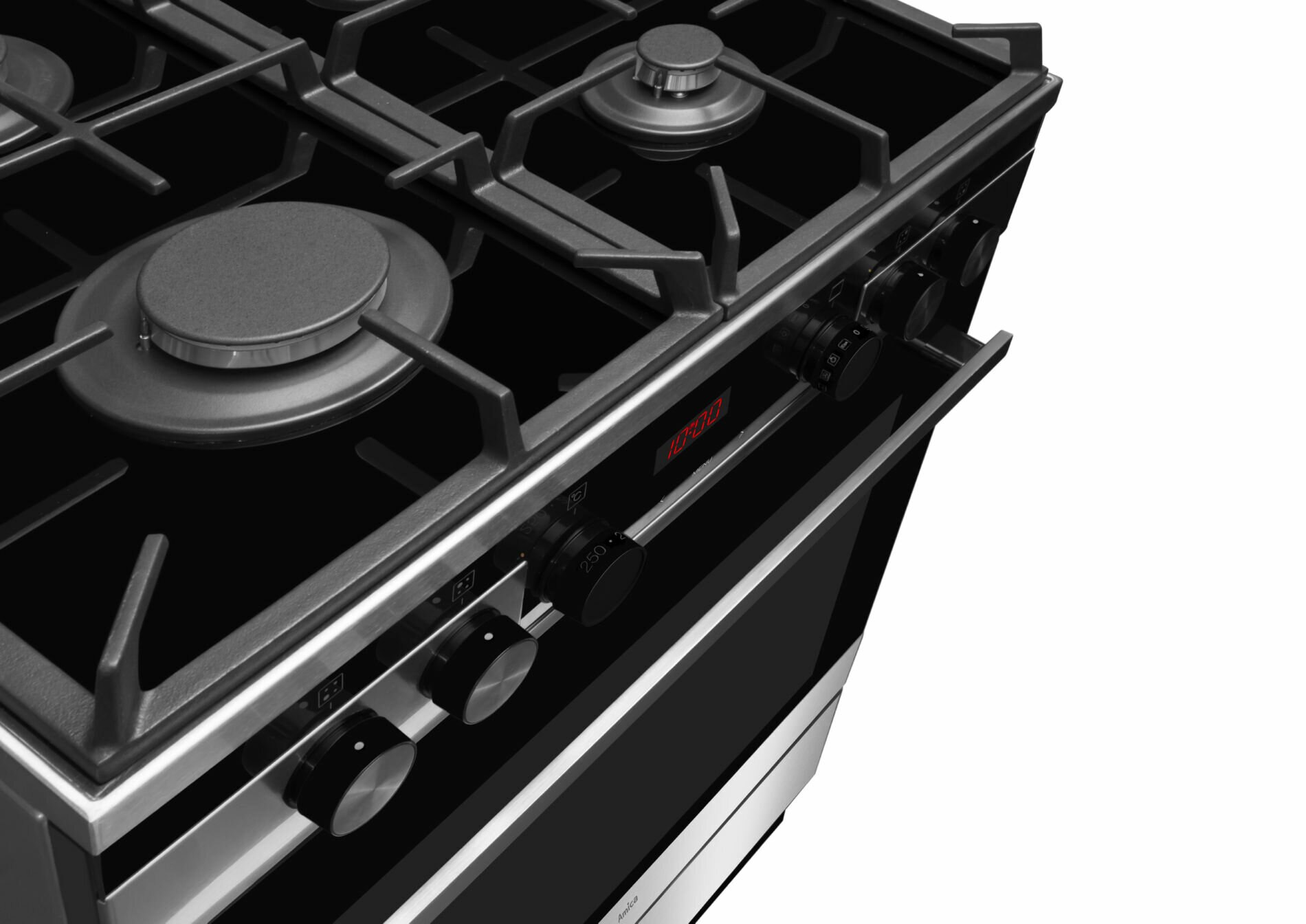 Zbliżenie czarnej płyty kuchennej z palnikami i pokrętłami. Zegar piekarnika pokazuje 10:00.