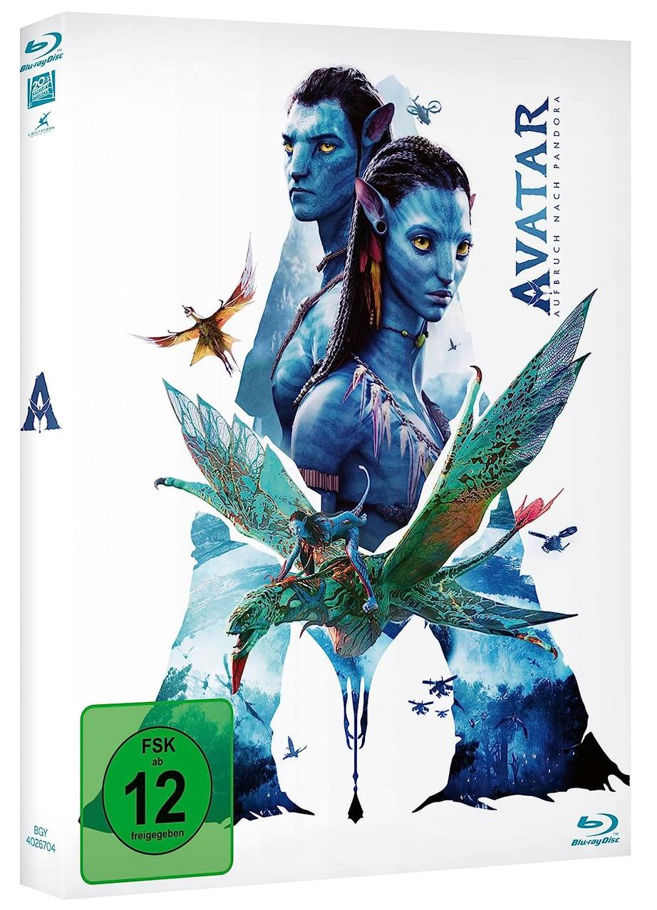 AVATAR Blu-ray-Box. Sie zeigt zwei blauhäutige Charaktere und eine fliegende Kreatur.
