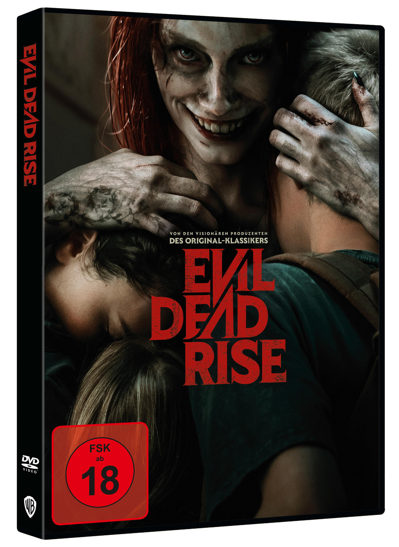 DVD-Hülle für Evil Dead Rise, die eine Horrorszene mit einer Frau und einem Kind zeigt.