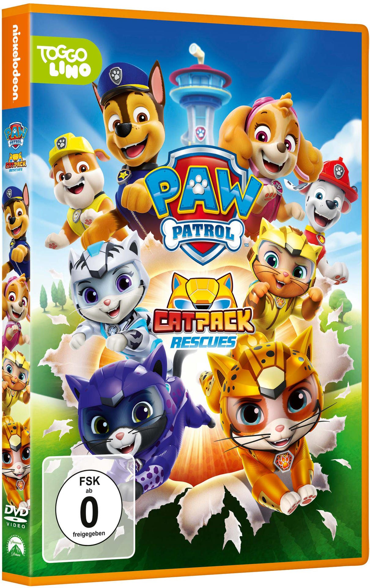 Ein DVD-Cover von Paw Patrol: Cat Pack, mit animierten Charakteren.