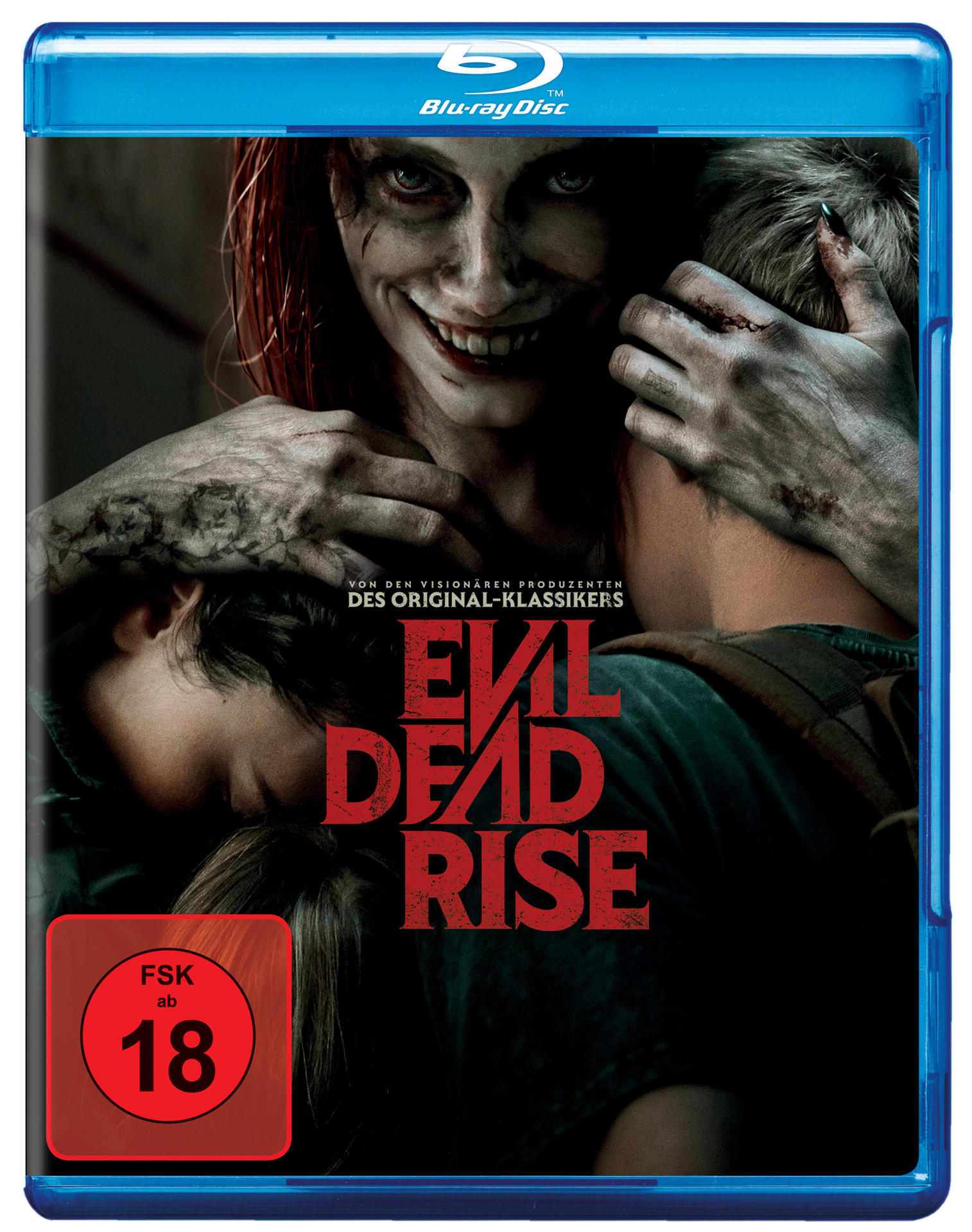 Blu-ray Cover: Evil Dead Rise. Eine Frau lächelt bedrohlich, hält ein Kind. Rotes FSK 18 Logo.