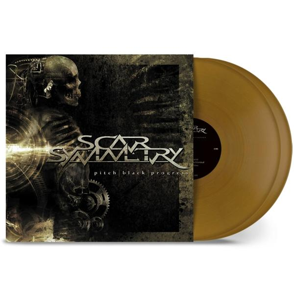 A Scar Symmetry 'Pitch Black Progress' című albumának borítója, arany hanglemezzel.