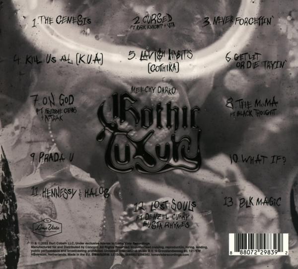 Album borító, számlistával: Gothic Luxury, Melly D-vel, számcímekkel és vonalkóddal.