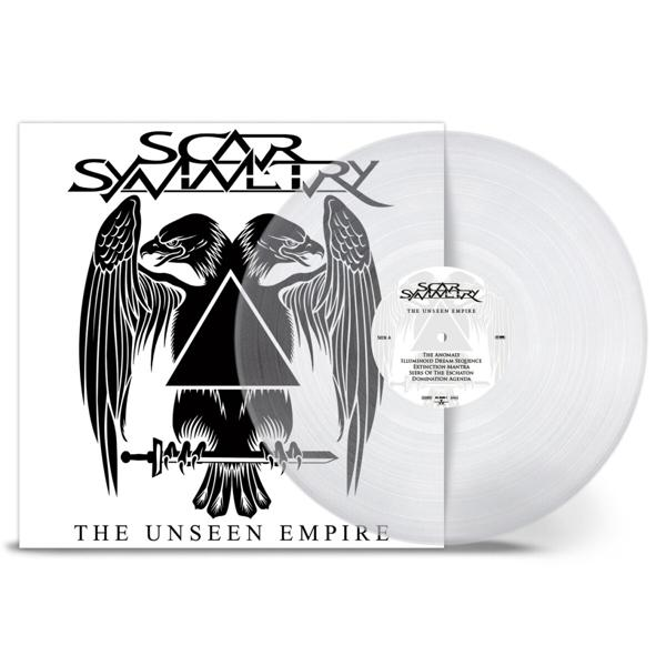 Album borító. Fekete-fehér design, sasok, kard, háromszög. Vinil lemez látható. Fehér háttér.