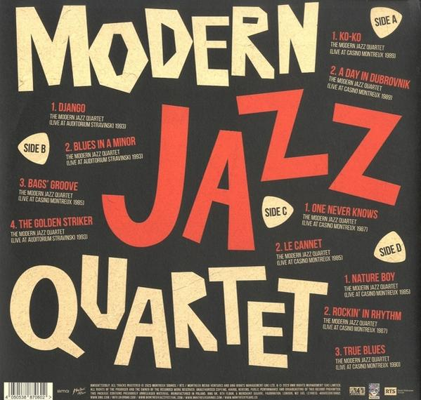 Album borító, "Modern Jazz Quartet" felirattal piros színnel. Oldal listák láthatók.