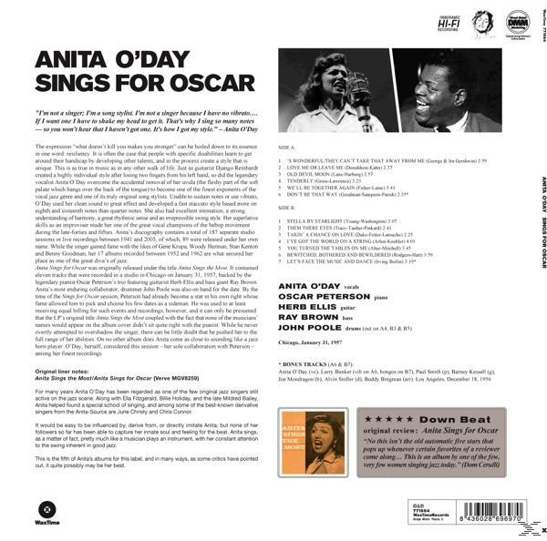Egy hanglemez borító Anita O'Day 'Sings for Oscar' című albumáról, a szöveggel és az énekesnő képeivel.