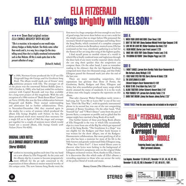 Album borító: Ella Fitzgerald * Ella Swings Gently With Nelson* szöveggel és borítóképpel.