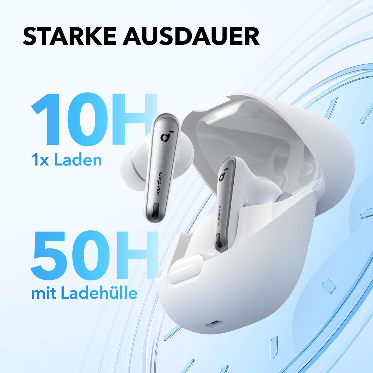 Ohrhörer in einem Ladeetui, mit Text, der lange Akkulaufzeit anzeigt, in blauem Hintergrund.