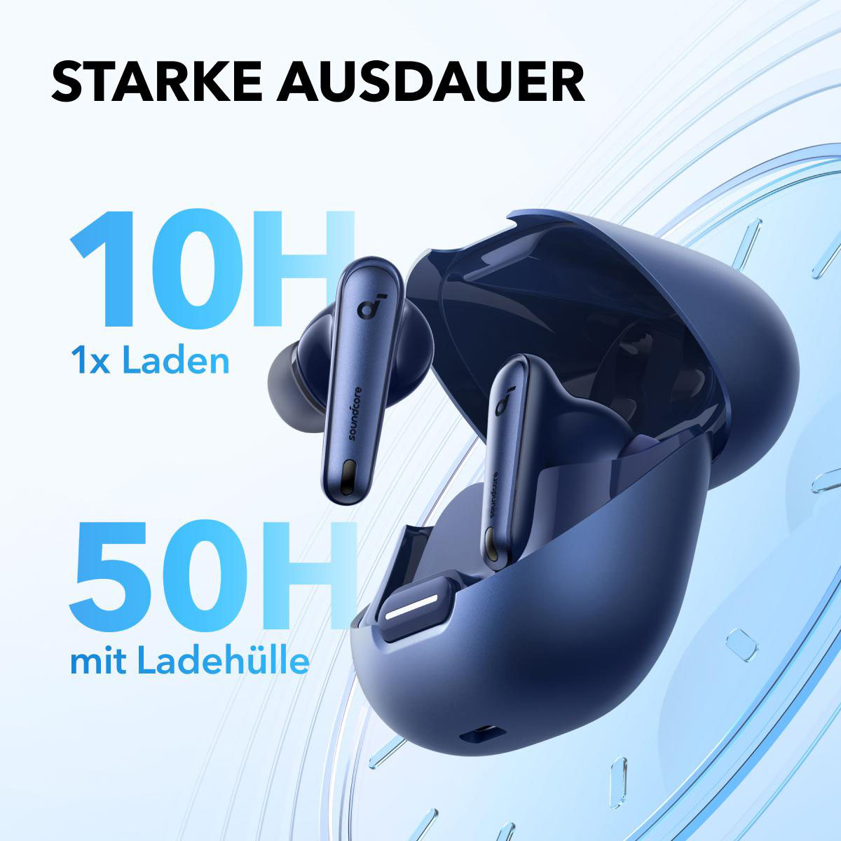 Blaue Ohrhörer und Ladecase. Text sagt 10H für 1x Laden und 50H mit Case. Dunkelblauer Hintergrund.