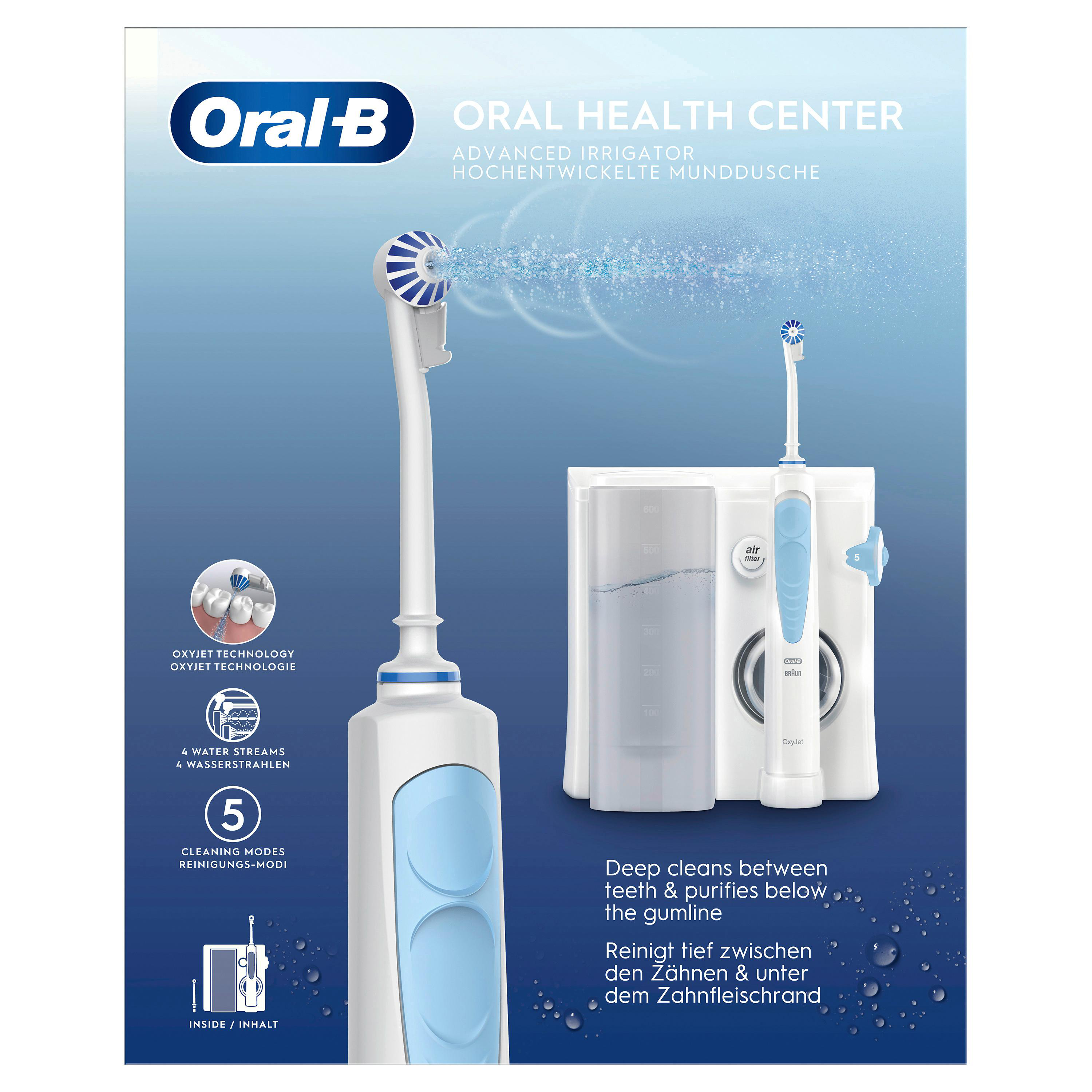 Oral-B Munddusche mit Zahnbürste und Wasserstrahler.