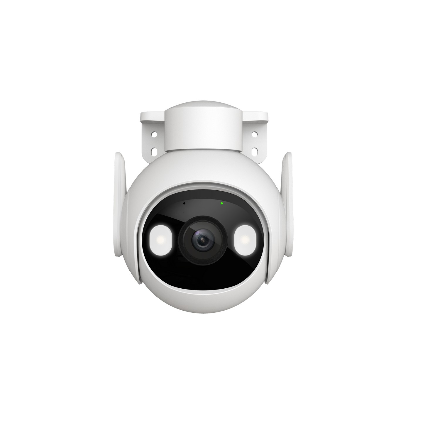 Une caméra de sécurité blanche avec deux lentilles et une lumière verte. La caméra est sur un fond blanc.