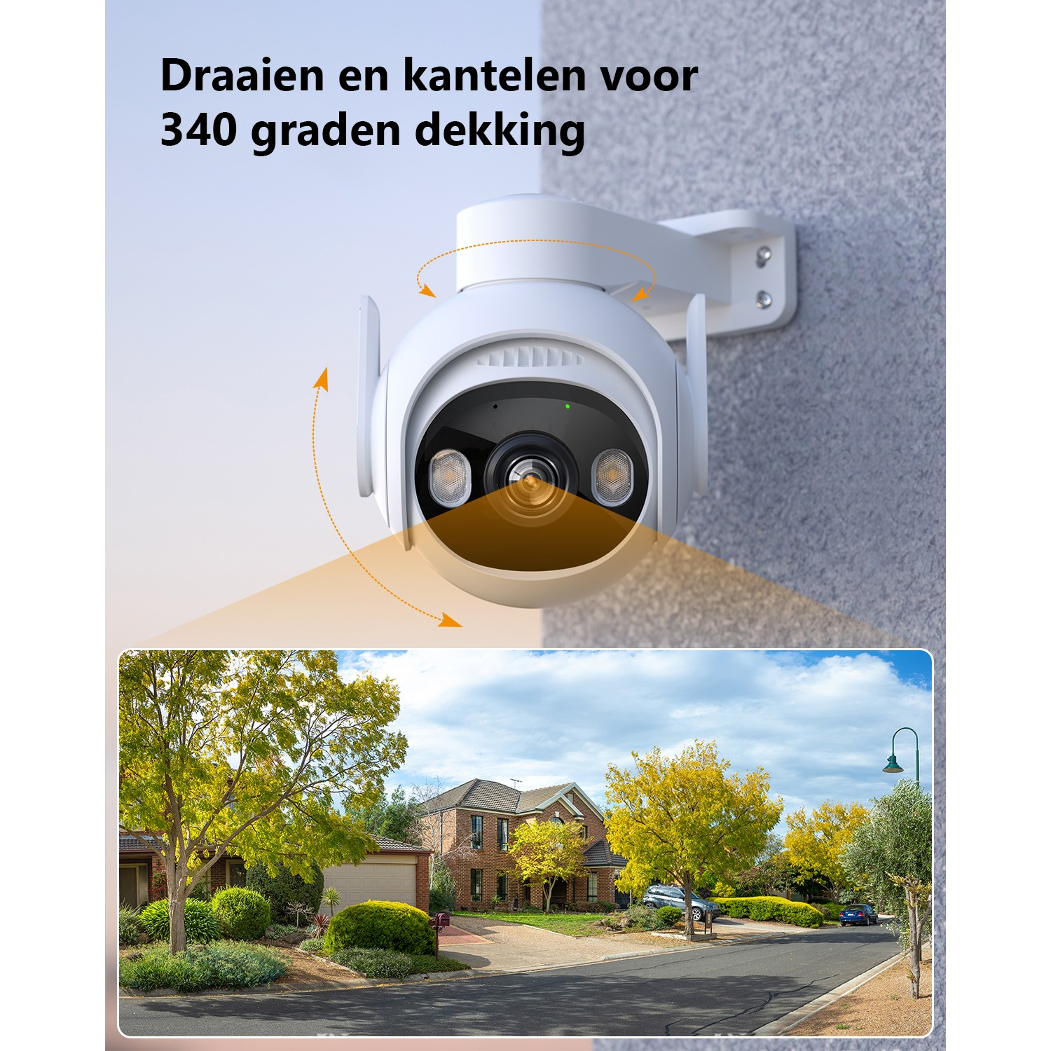 Een witte beveiligingscamera gemonteerd op een muur. Een buurtscène wordt onder het camerabeeld getoond.
