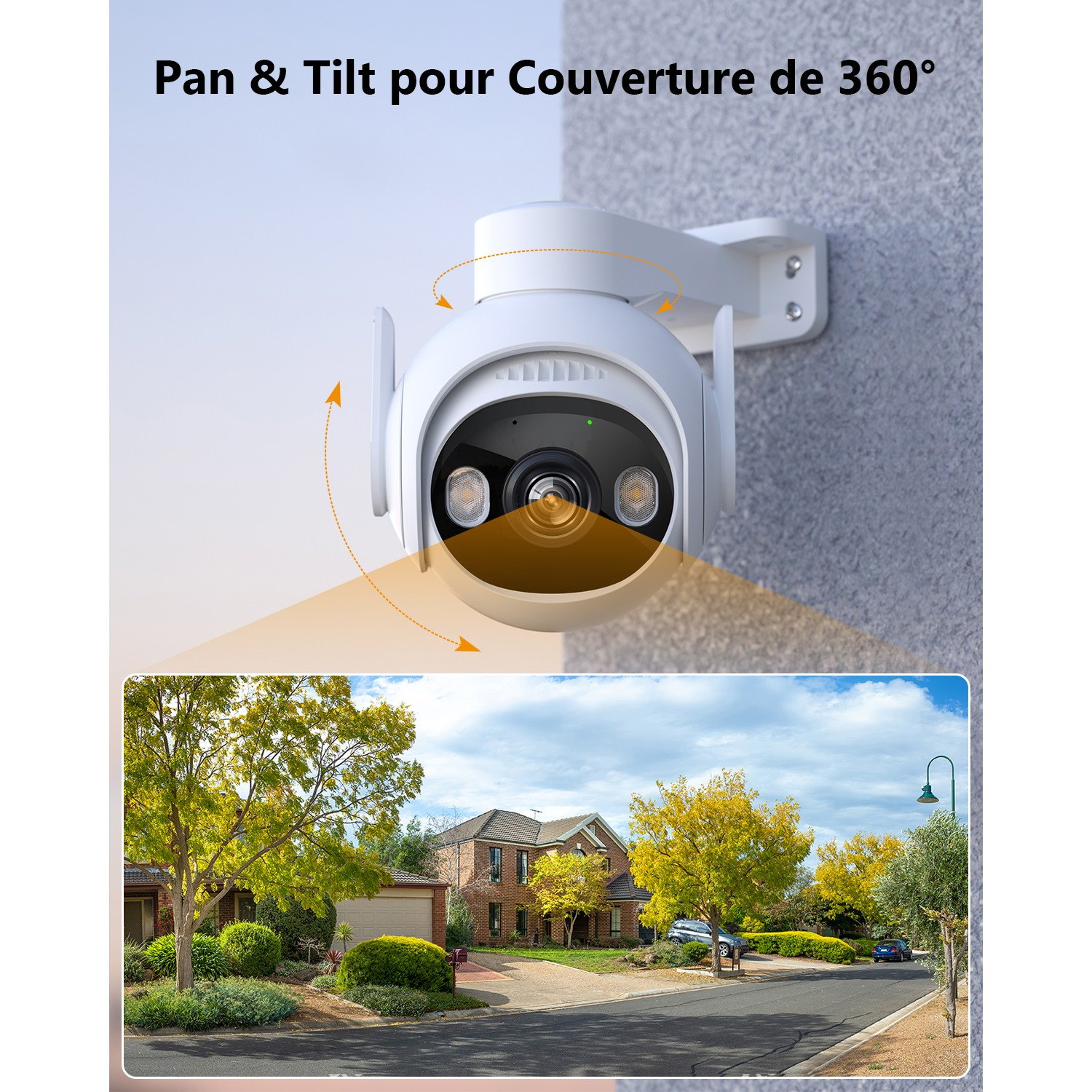 Caméra de sécurité blanche montée sur un mur, inclinée pour visualiser une scène de rue.