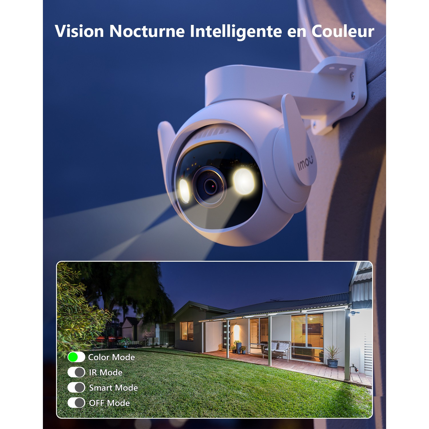 Caméra de sécurité blanche montée sur un mur, avec vue sur une maison la nuit. Montre différents modes.