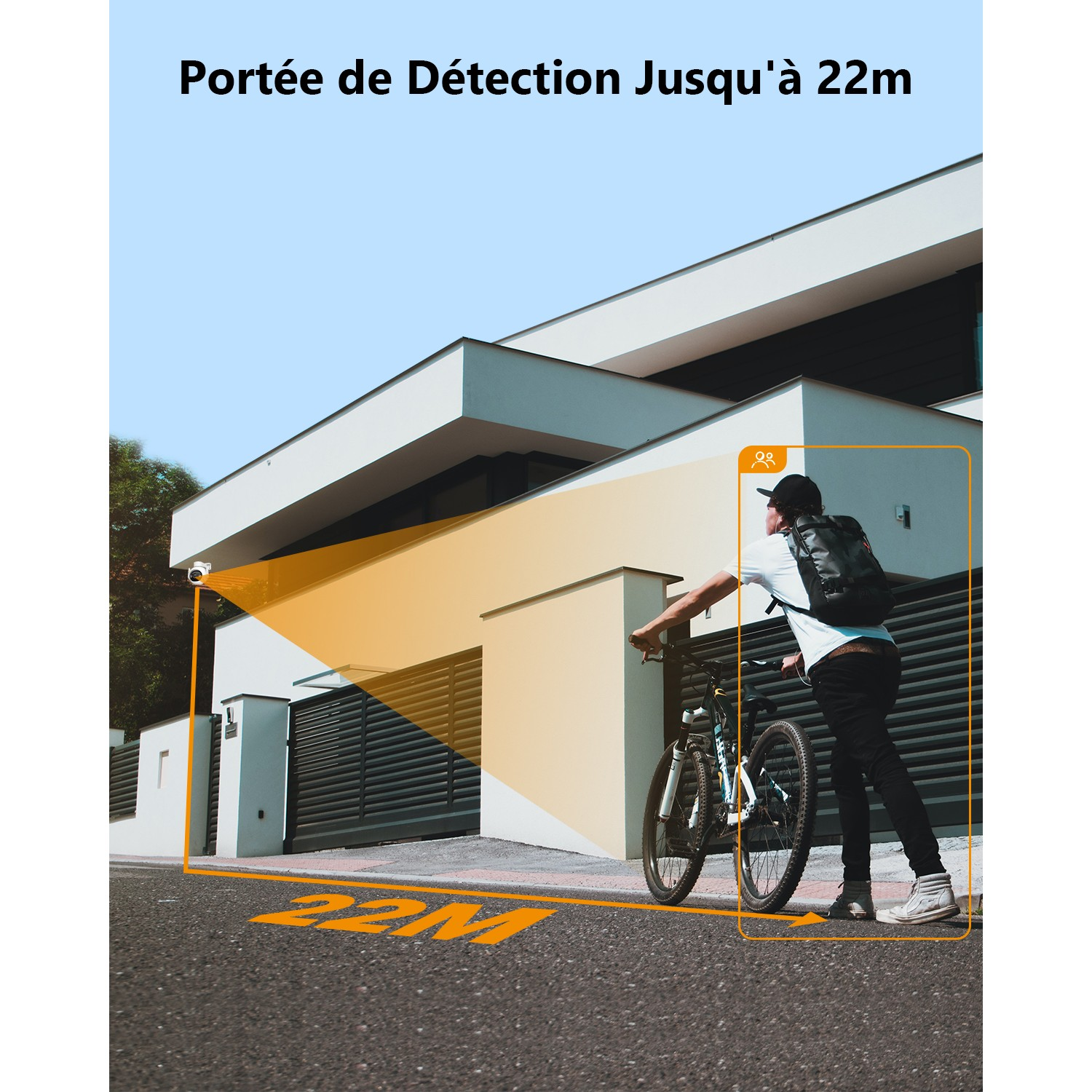 Une personne poussant un vélo, une caméra et une maison avec texte de portée de détection.