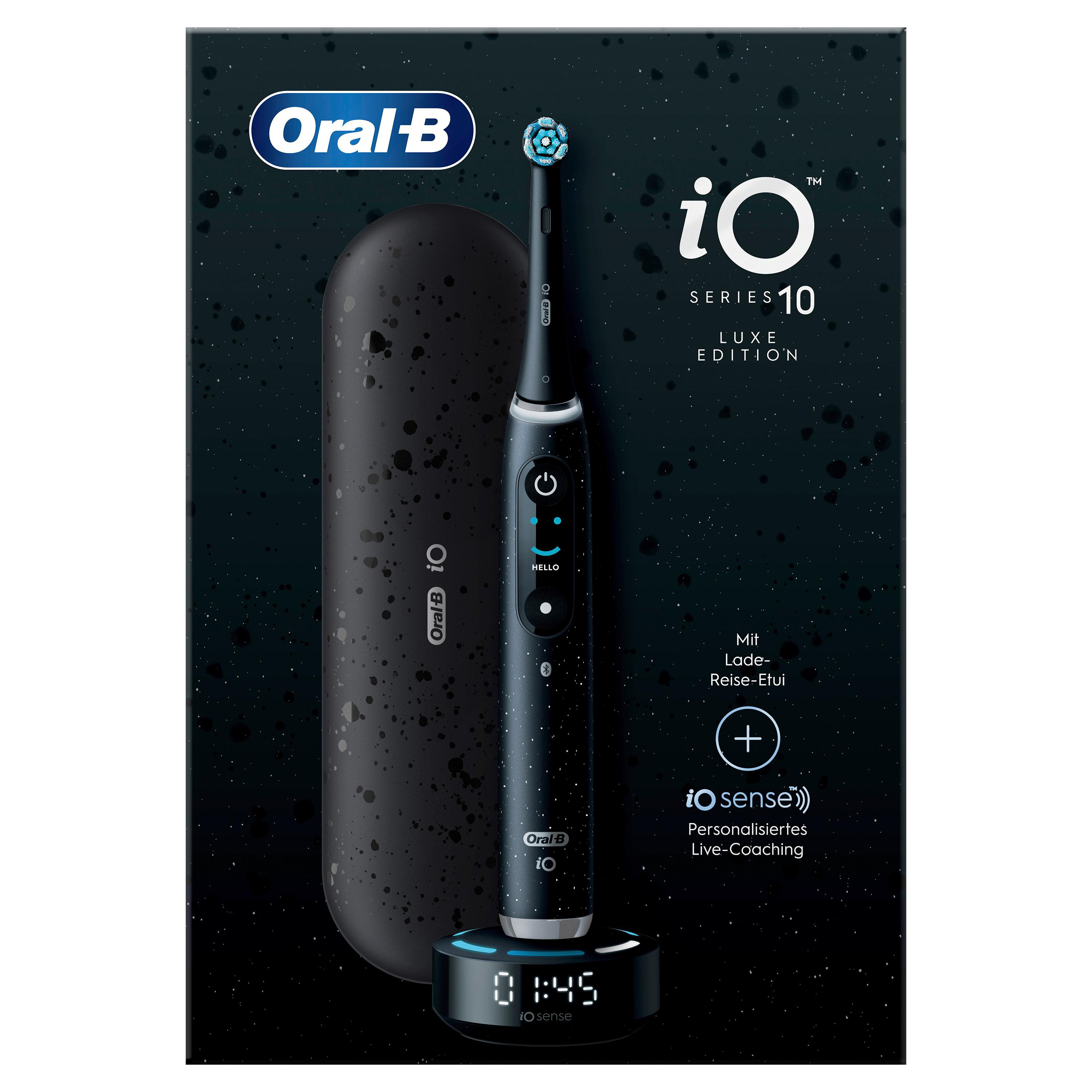 Elektrische Zahnbürste Oral-B iO Series 10 mit Ladestation und Reiseetui. Schwarze Farbe.