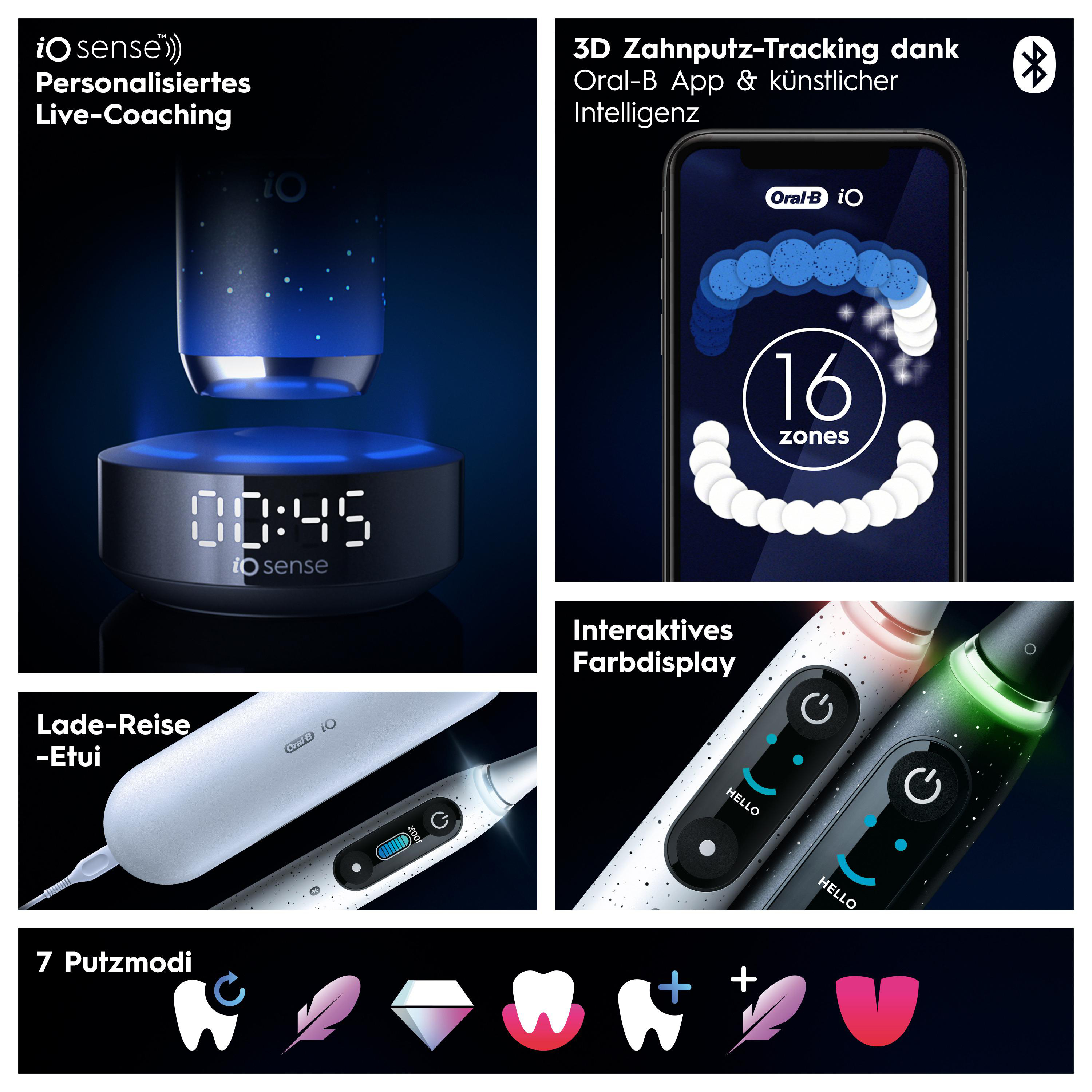 Mehrere Produktaufnahmen der Oral-B iO Zahnbürste und des Zubehörs. Inklusive Ladestation, Bürstenköpfe.
