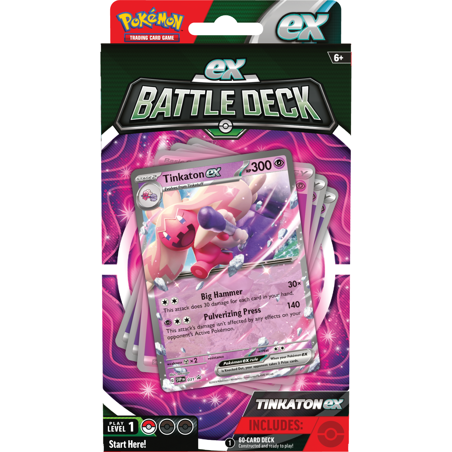 Une boîte de deck de combat Pokémon ex, avec une carte montrant un Pokémon rose.