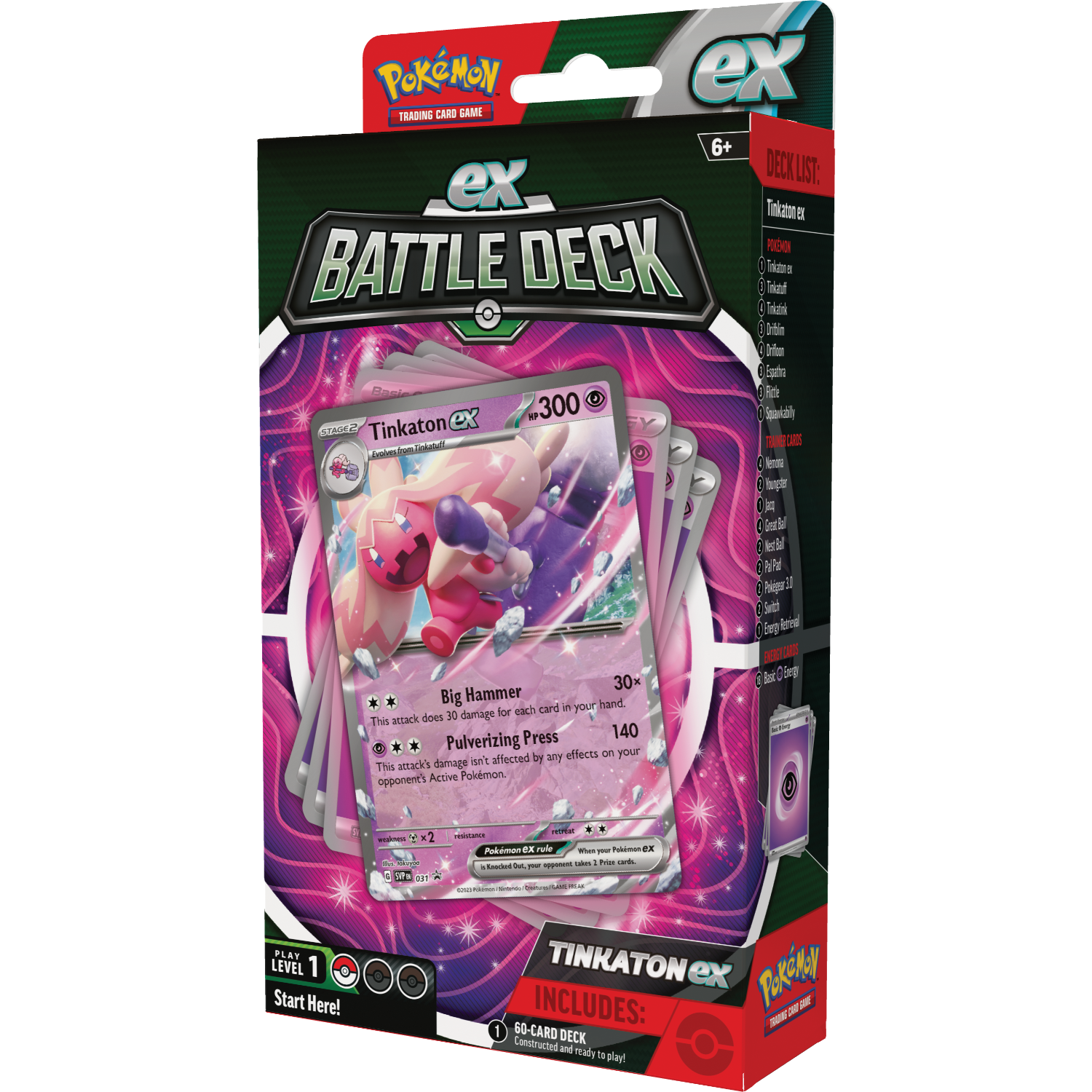 Boîte de deck de combat Pokémon EX. Contient des cartes Pokémon. Couleurs rose, blanc et violet. Deck inclus.