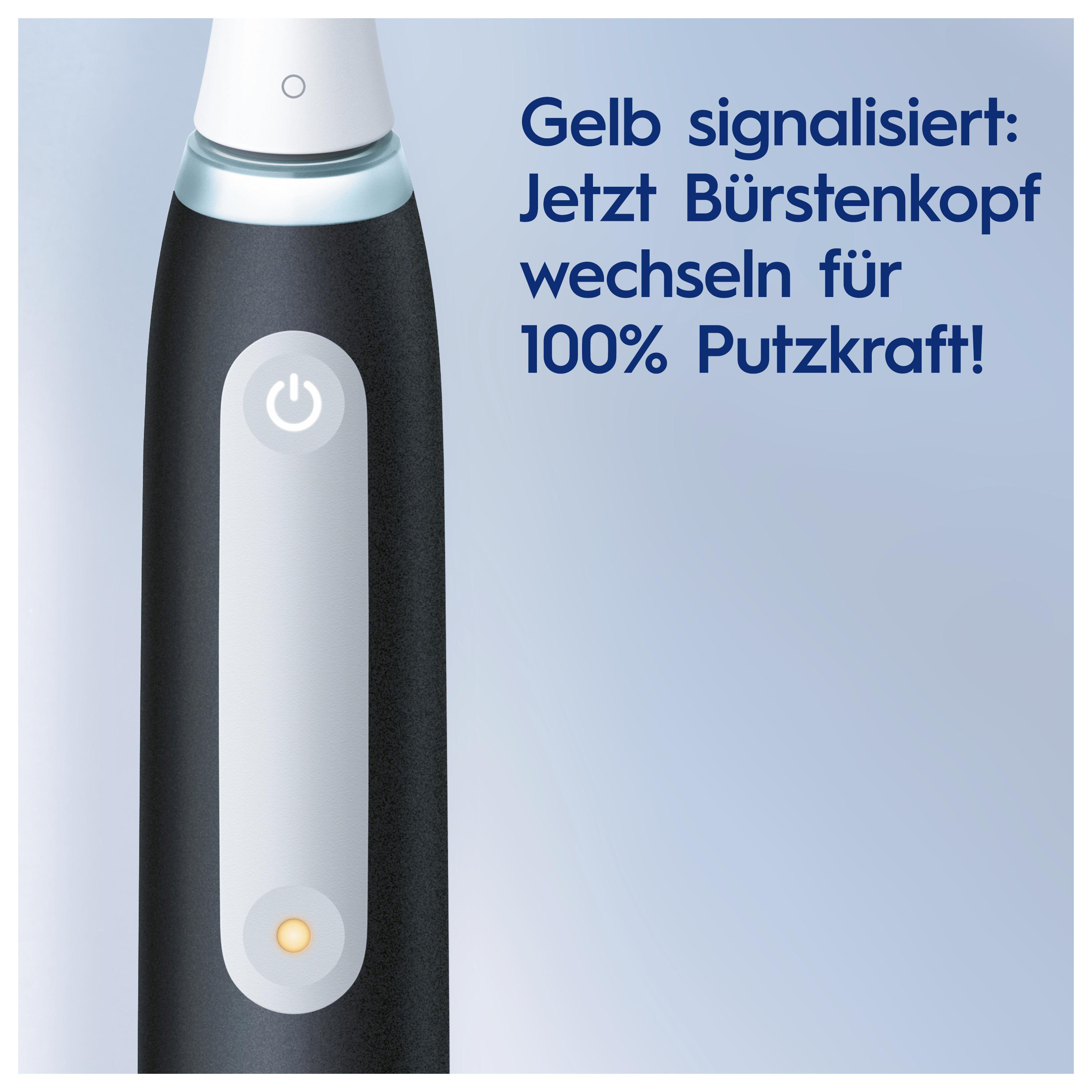 Schwarze elektrische Zahnbürste mit gelber Kontrollleuchte. Text sagt, den Bürstenkopf zu wechseln.
