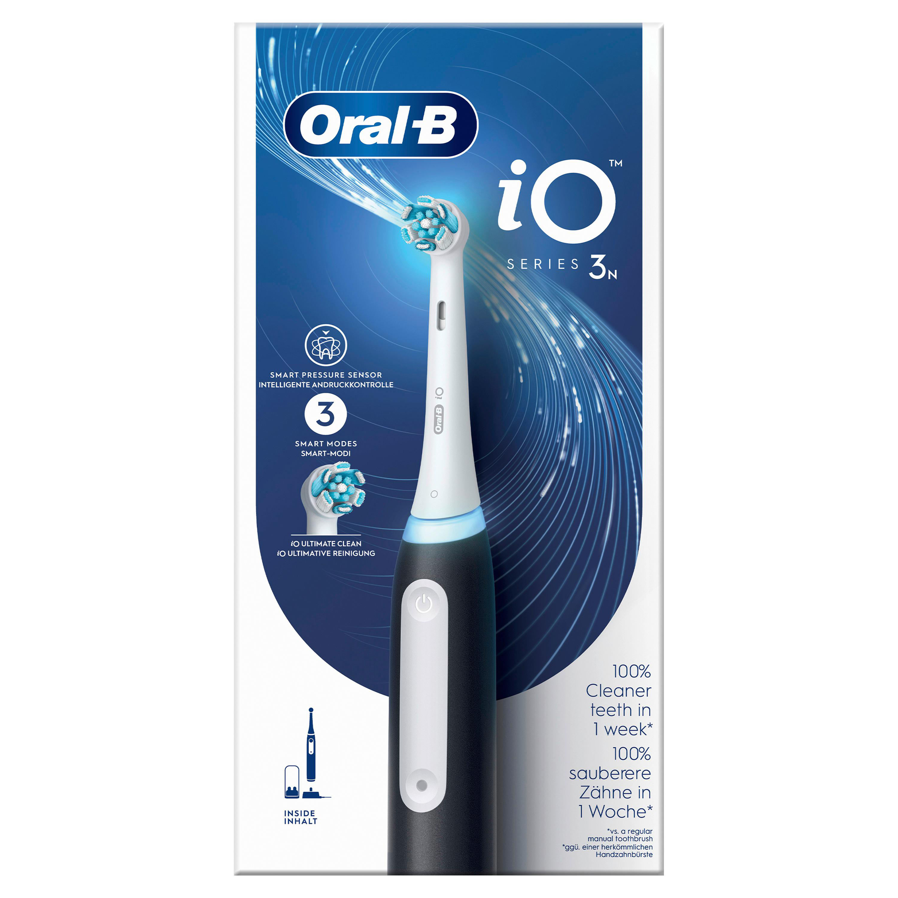 Eine elektrische Zahnbürstenbox der Oral-B iO Serie 3N mit der Zahnbürste und ihren Merkmalen.