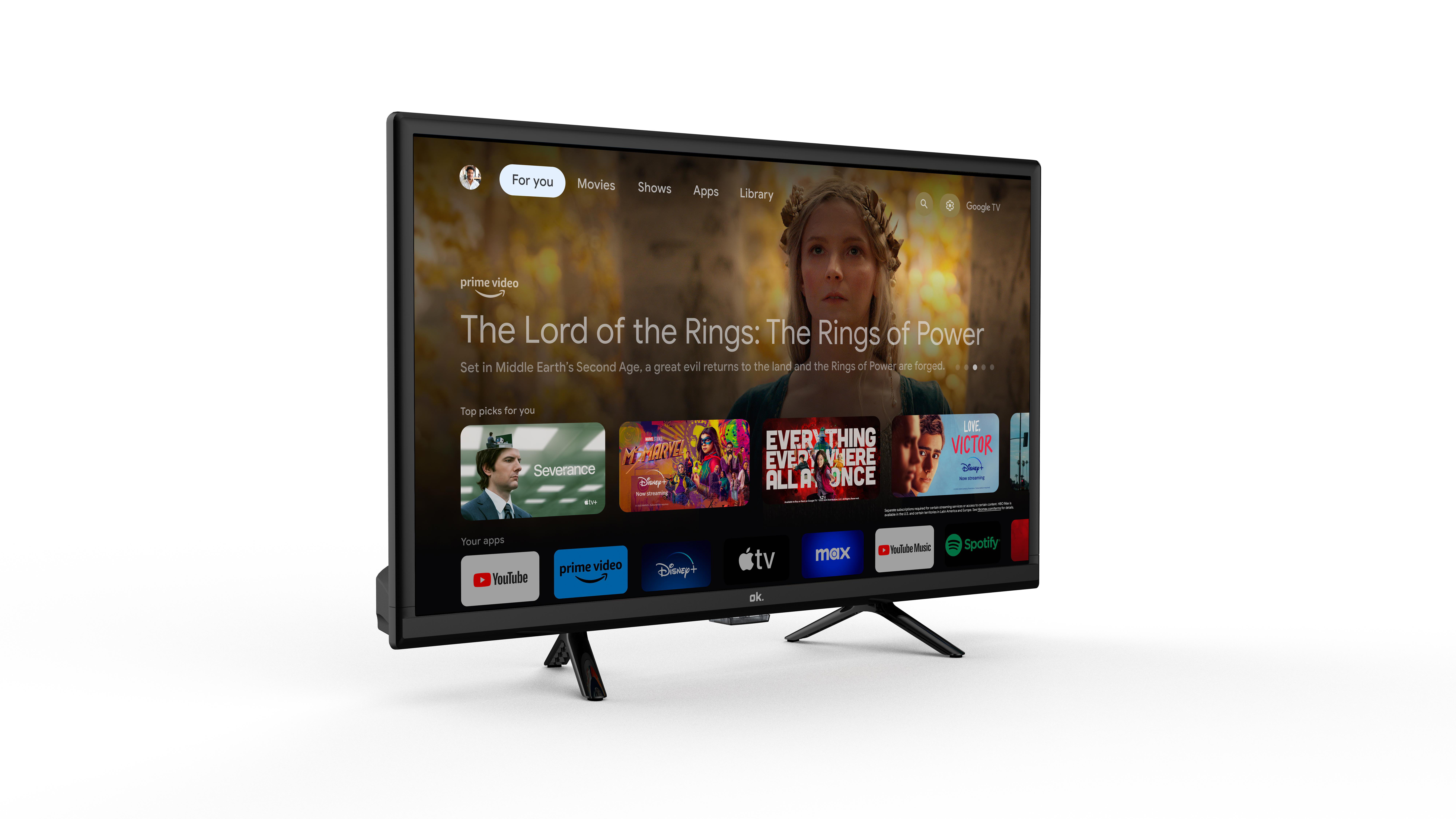 Ein schwarzer Fernseher, der The Lord of the Rings: The Rings of Power anzeigt, auf weißem Hintergrund.
