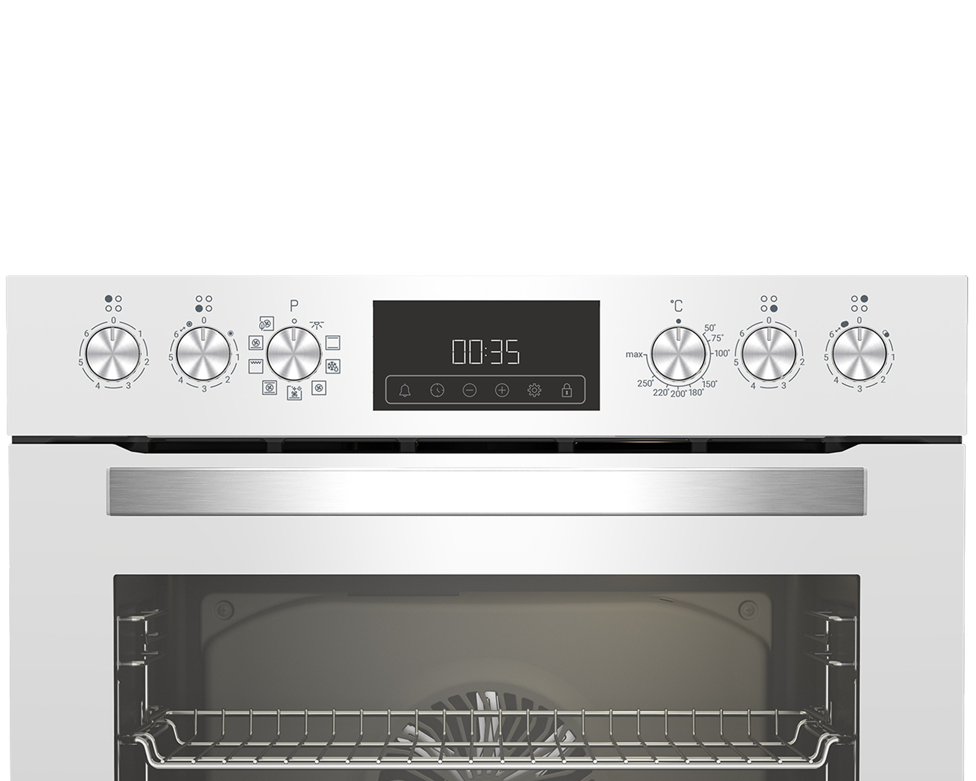 Backofen-Bedienfeld mit Knöpfen, Display und Metallgriff.