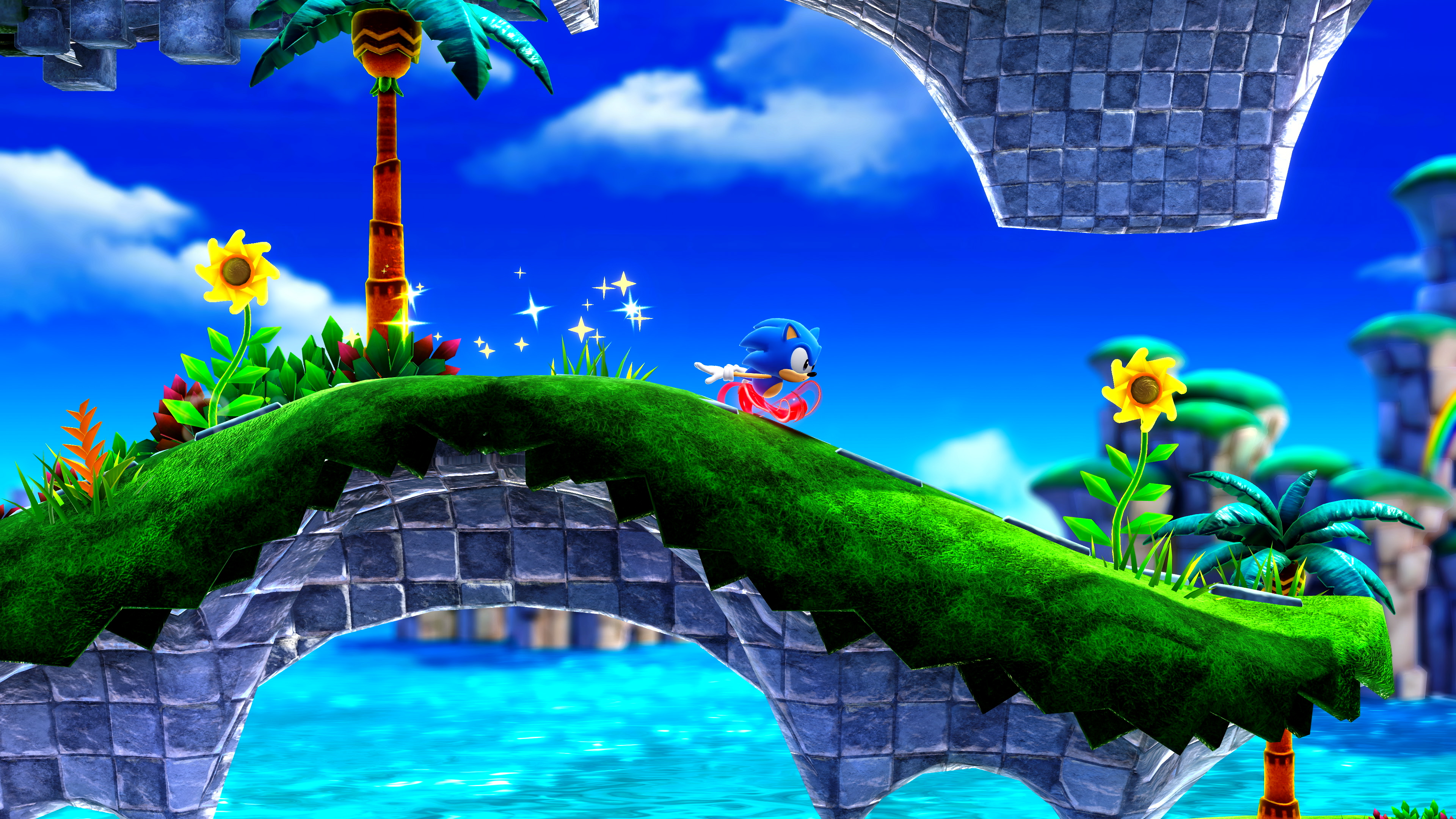Sonic le Hérisson courant sur un pont. Environnement coloré avec ciel bleu, eau et herbe verte.