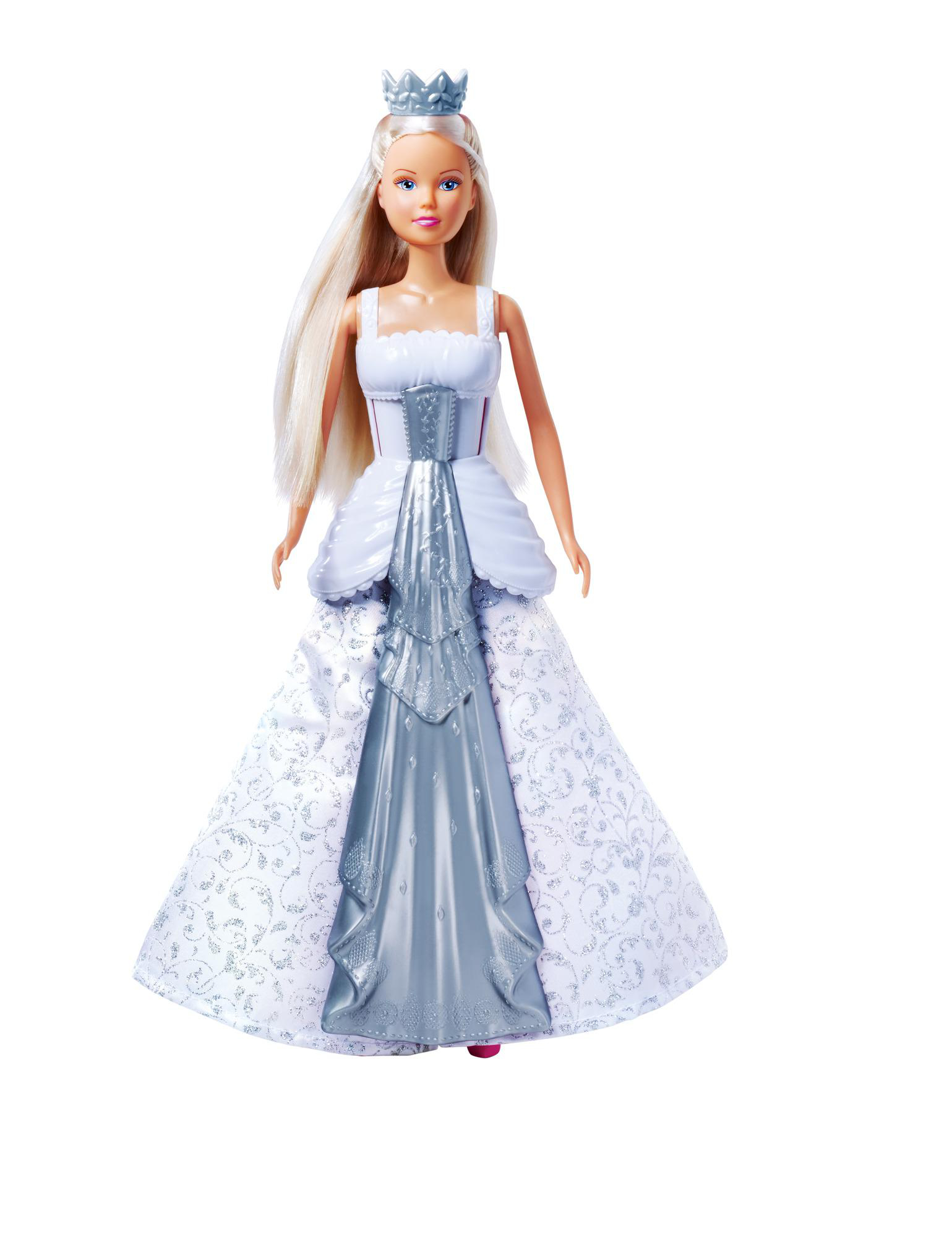 Eine Puppe in einem weißen Kleid mit silbernen Akzenten, einem silbernen Diadem und langem blonden Haar.