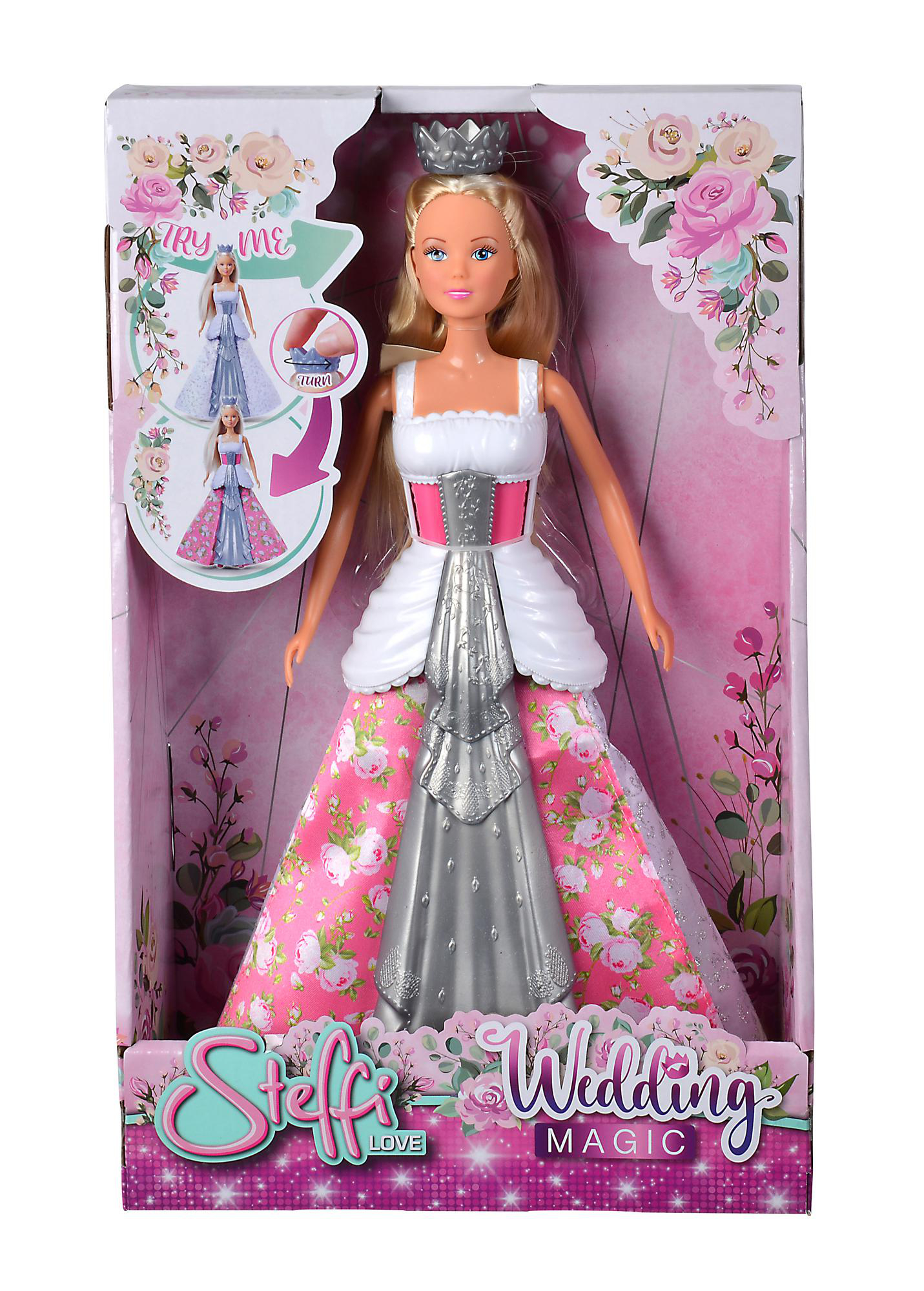 Eine Puppe im Hochzeitskleid, in einer Box. Die Box hat Blumendekorationen und sagt 'Steffi Love'.