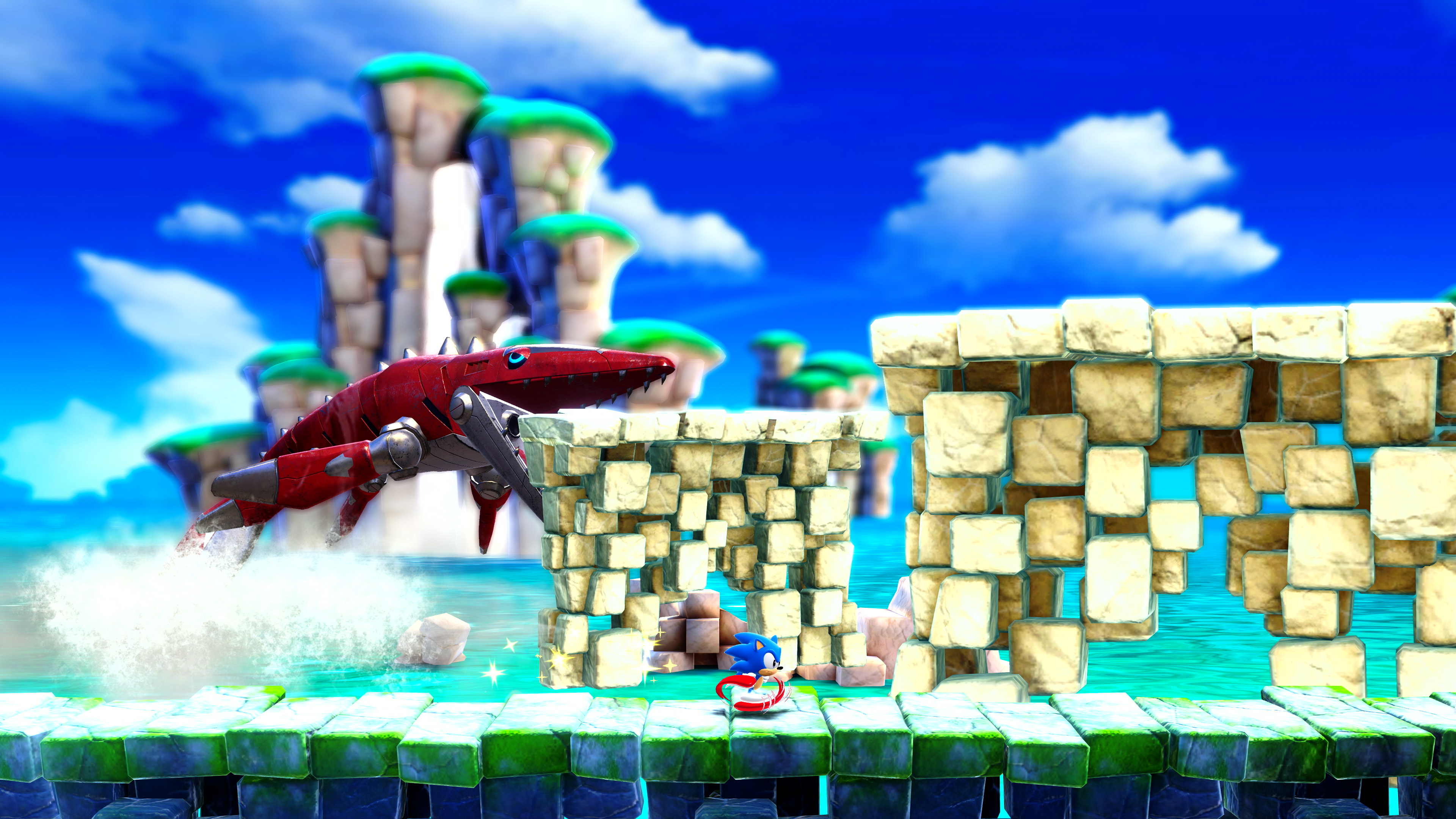Sonic corre su una piattaforma verde con una macchina rossa.