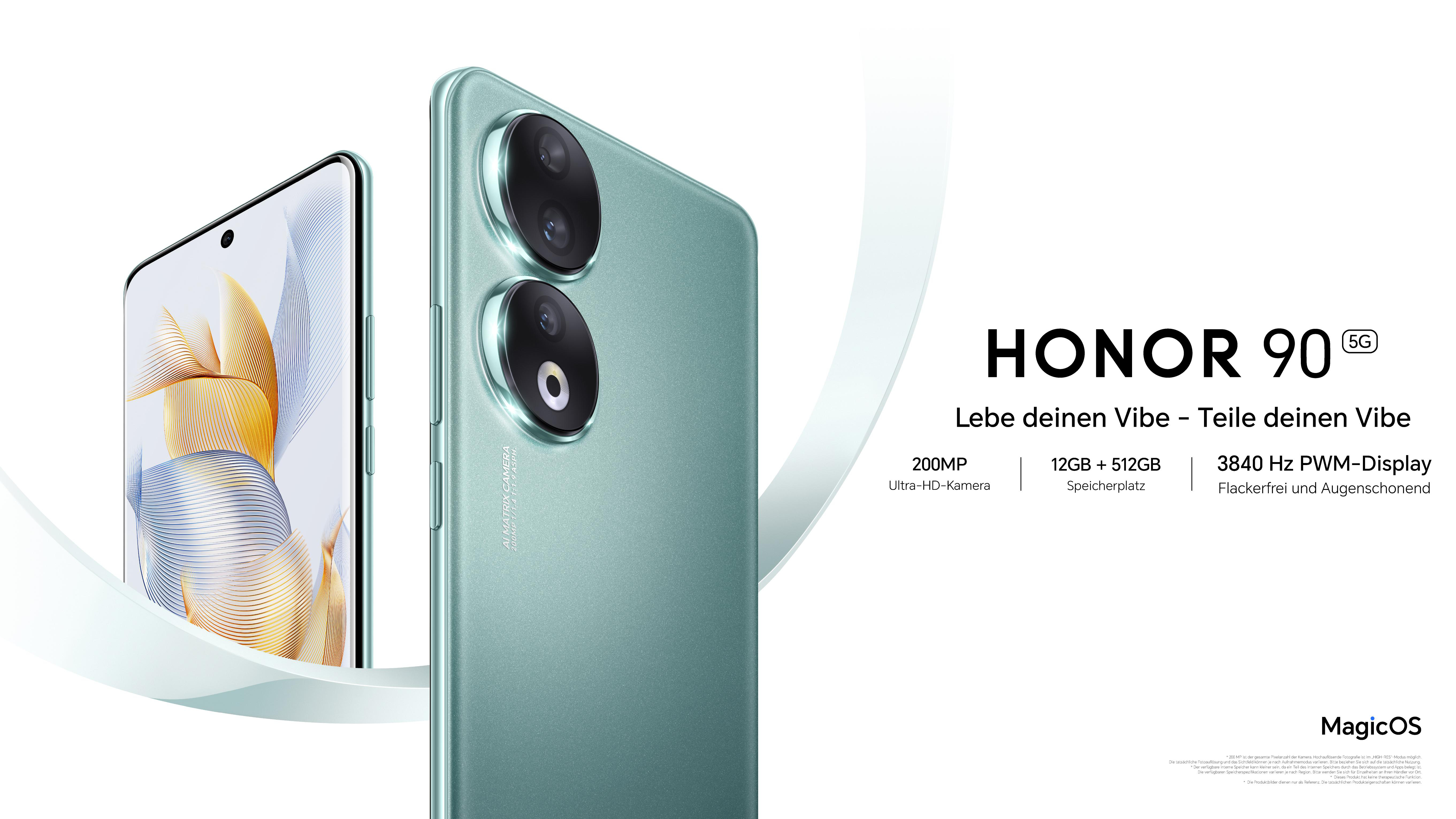 Zwei grüne HONOR 90 5G-Telefone mit Details auf dem Bildschirm. Der Hintergrund ist weiß.