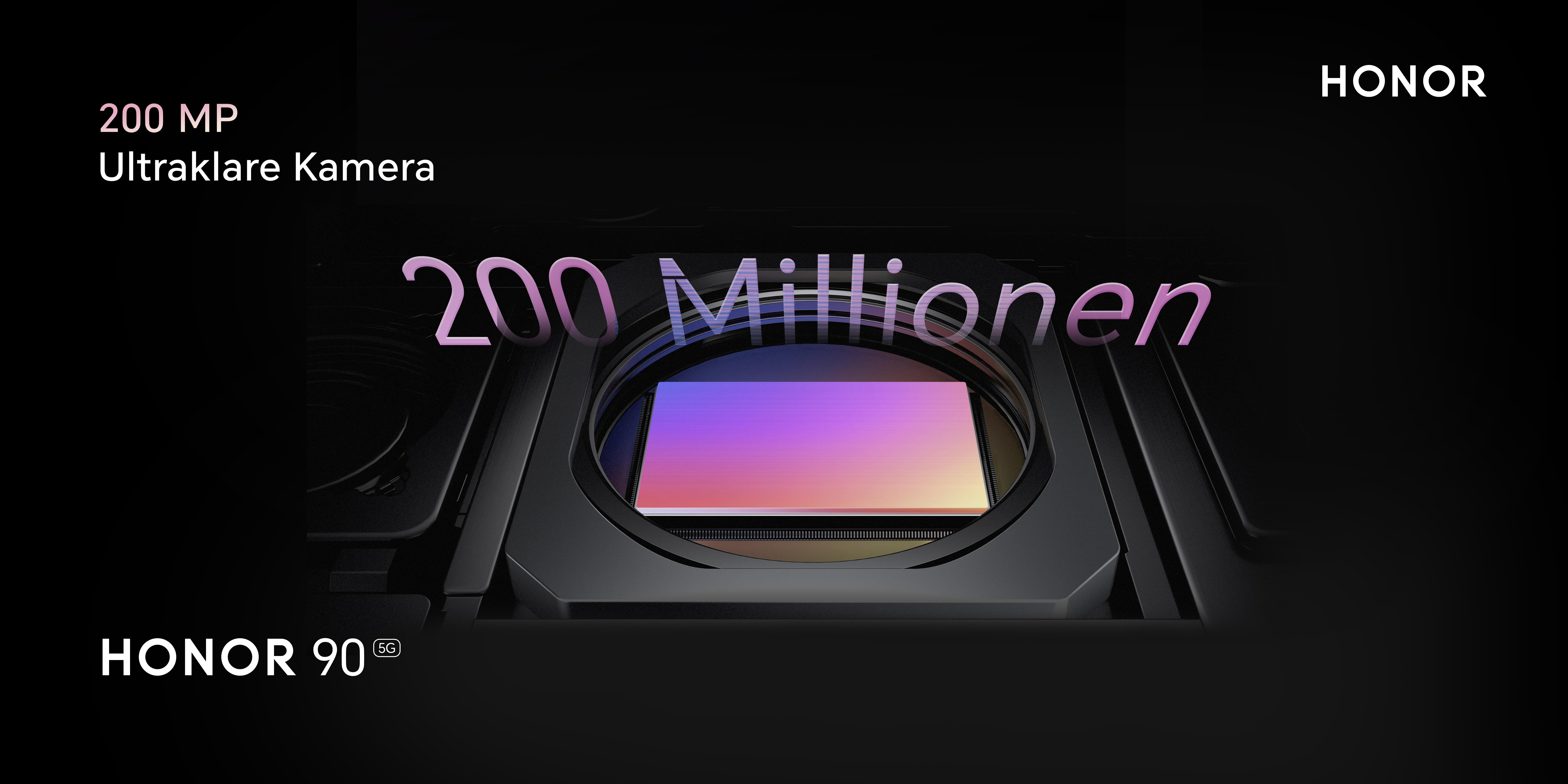 Nahaufnahme des Kamerasensors eines Telefons, beschriftet mit '200 MP Ultraklare Kamera' und 'HONOR 90 5G'.