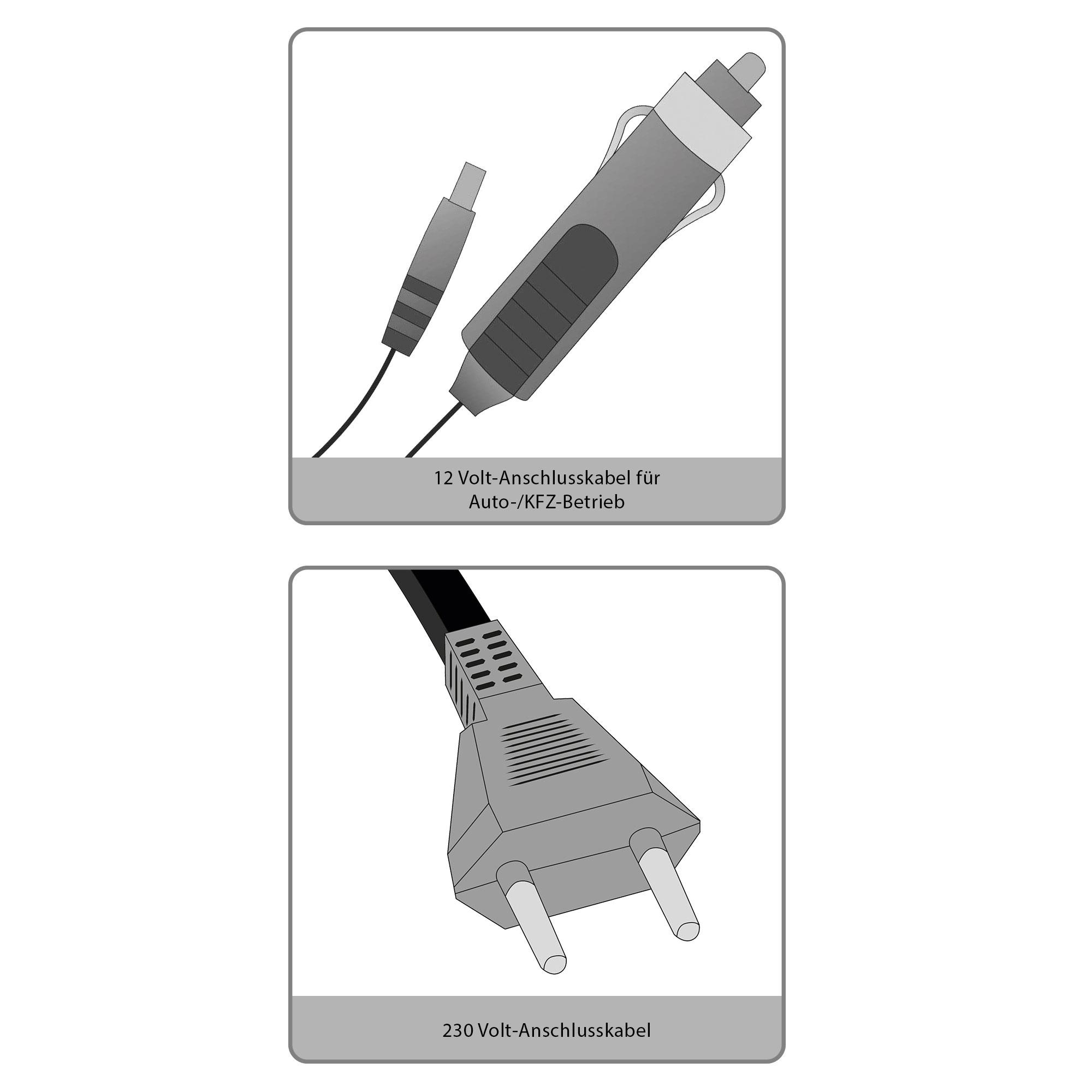 Zwei Diagramme, die ein Autokabel und einen Stecker für ein Gerät zeigen.