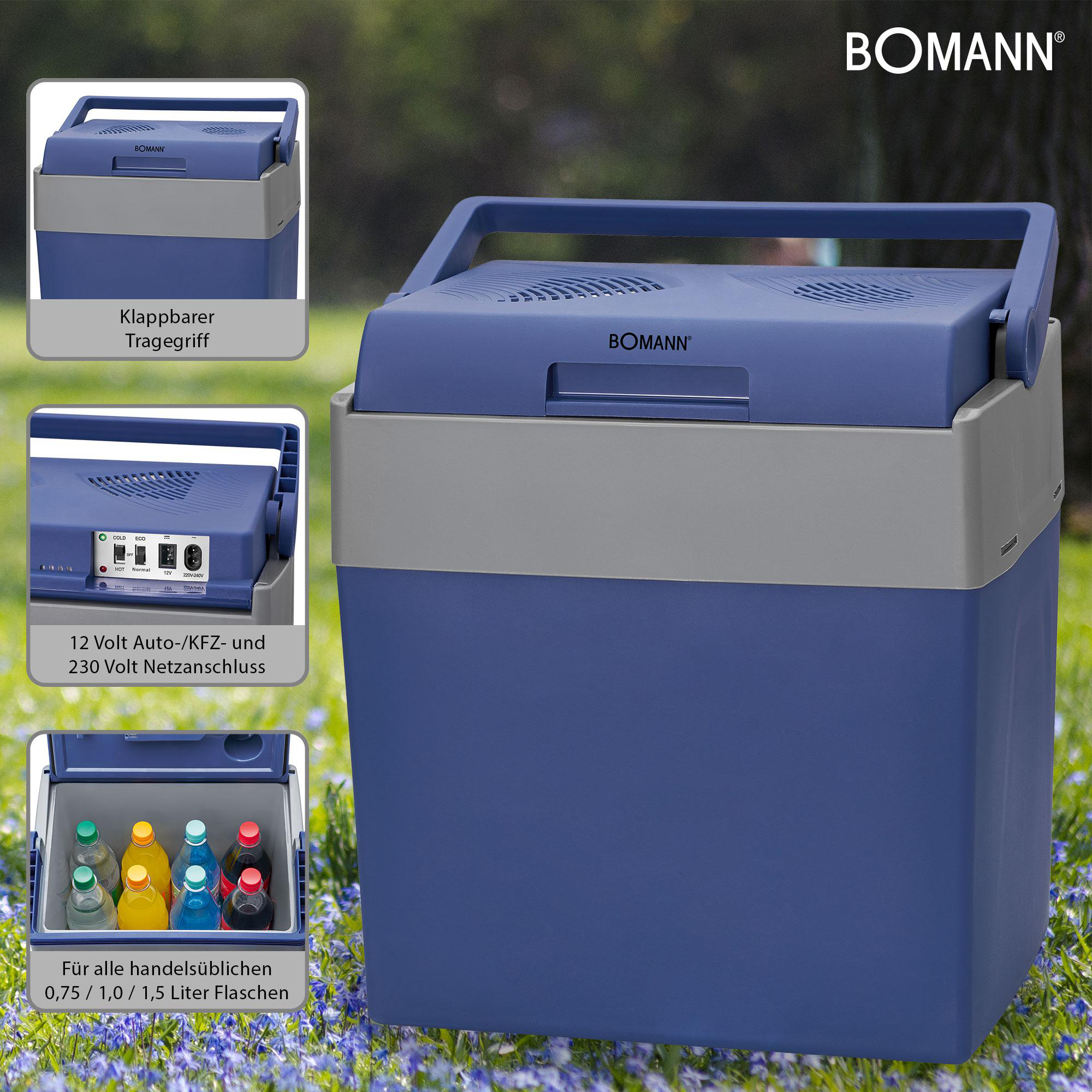Blauer tragbarer Kühler mit Details. Enthält 'BOMANN' Logo und Text in Deutsch.