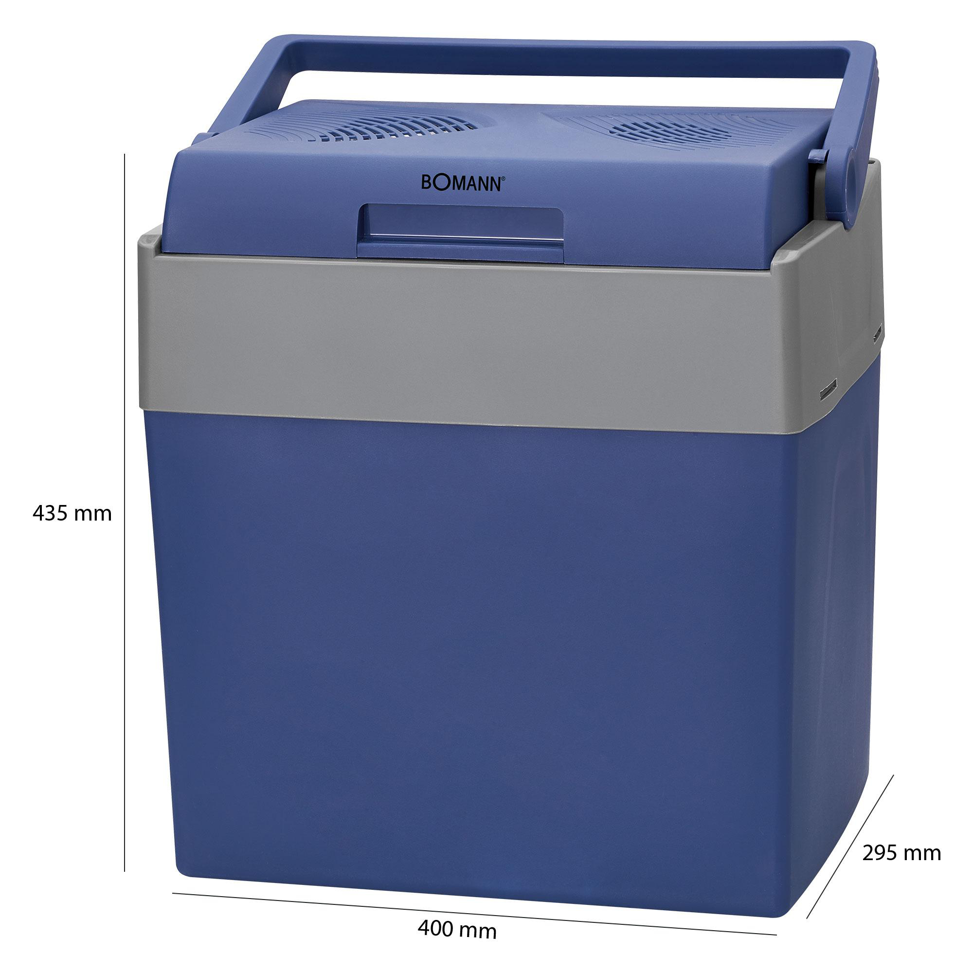 Eine blau-graue Kühlbox mit Griff oben, Abmessungen an der Seite der Kühlbox beschriftet.