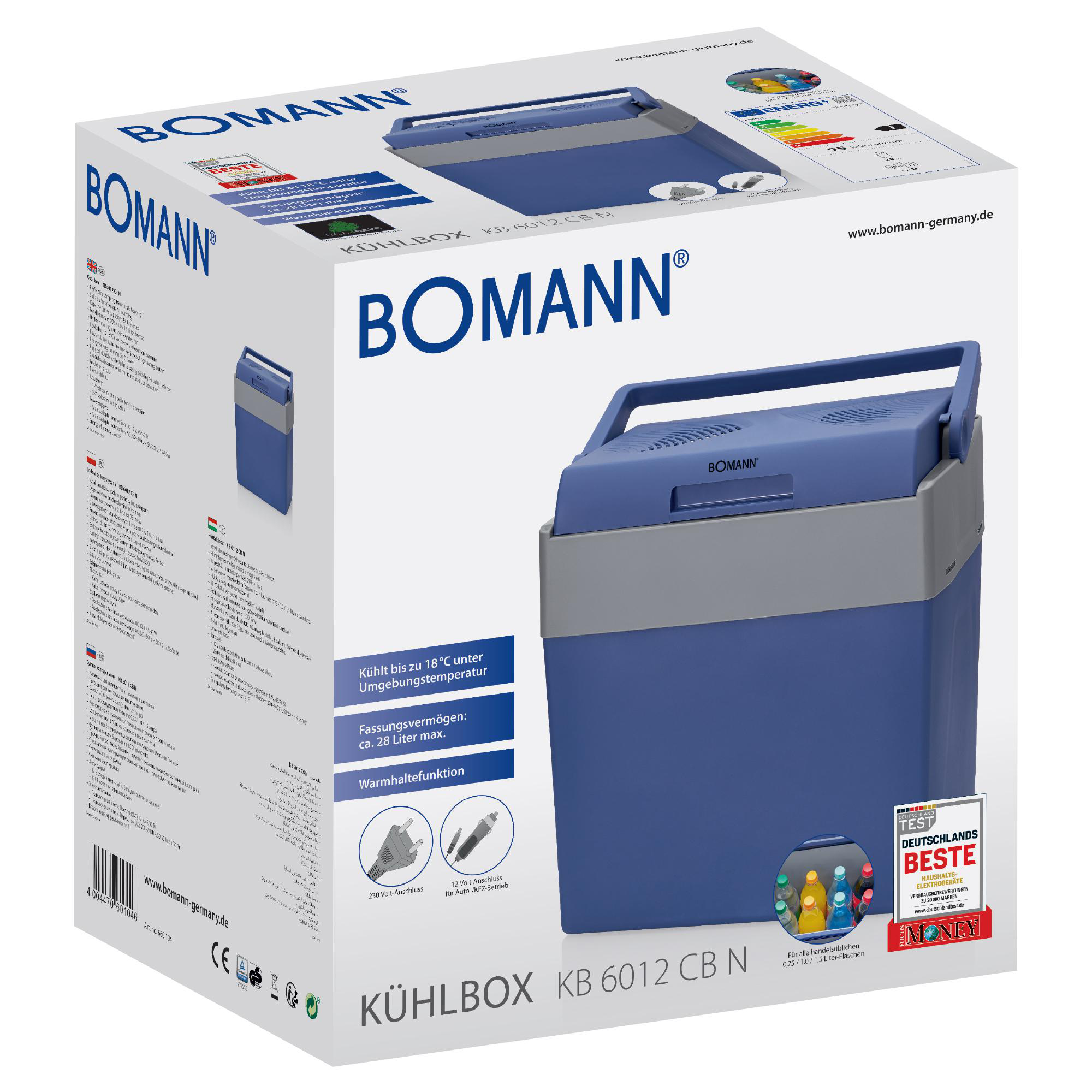 Blaue und graue Bomann Kühlbox. Die Box ist geöffnet und zeigt das Innere. Text und Logos sichtbar.