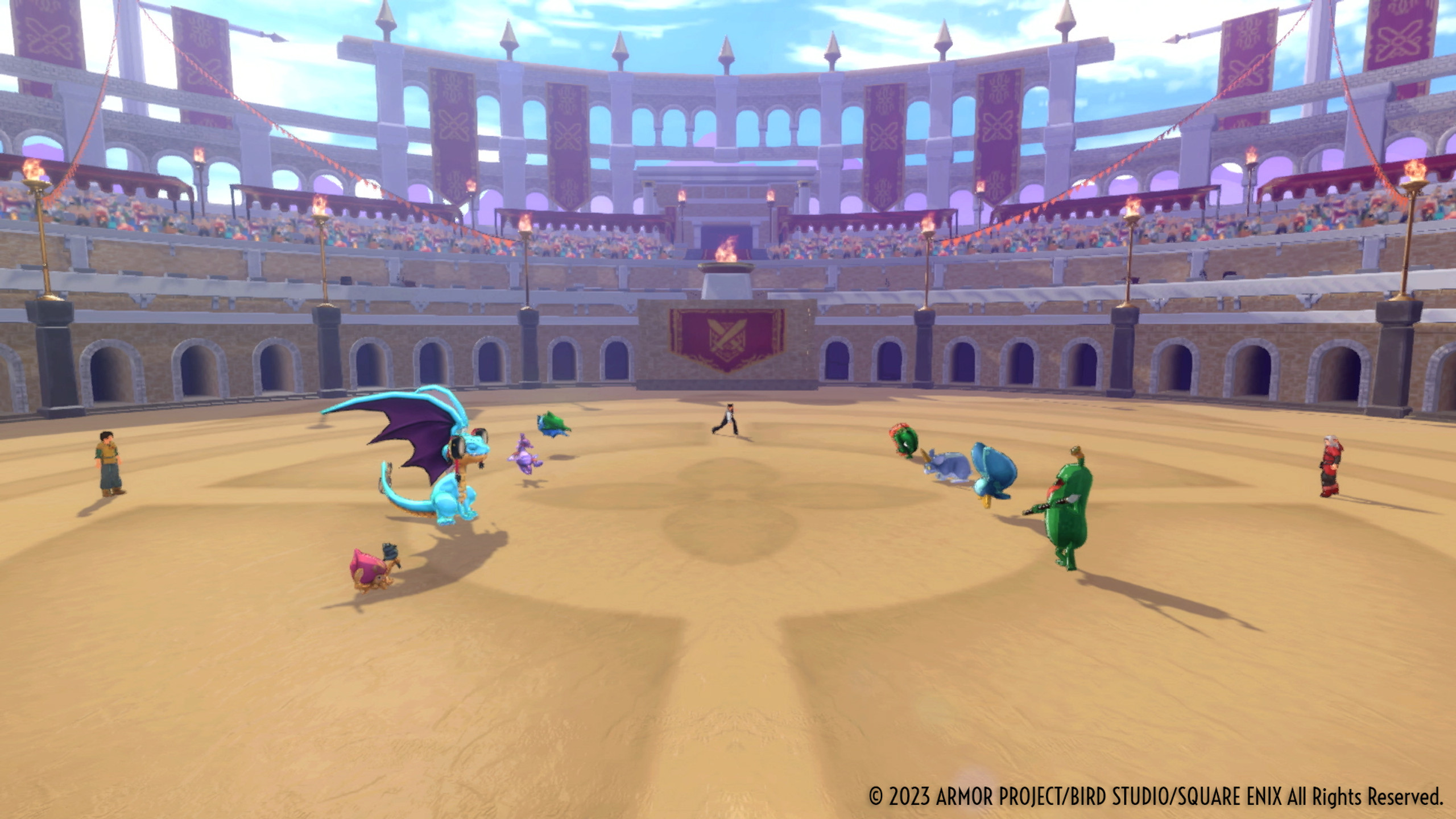 Arena mit Kreaturen und Figuren, im Spiel.