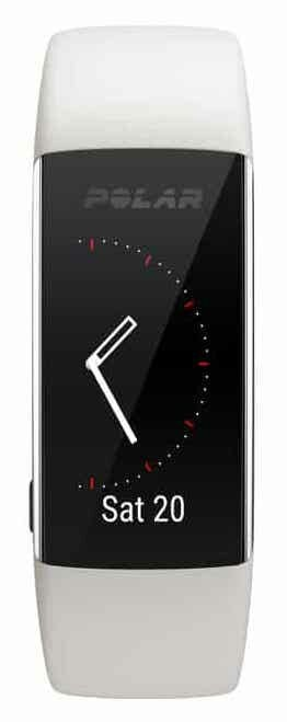 Biały smartwatch Polar z czarnym ekranem pokazujący Sat 20.
