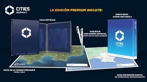Juego de caja Cities Skylines II Premium Edition con caja de juego, mapa y bolígrafos.