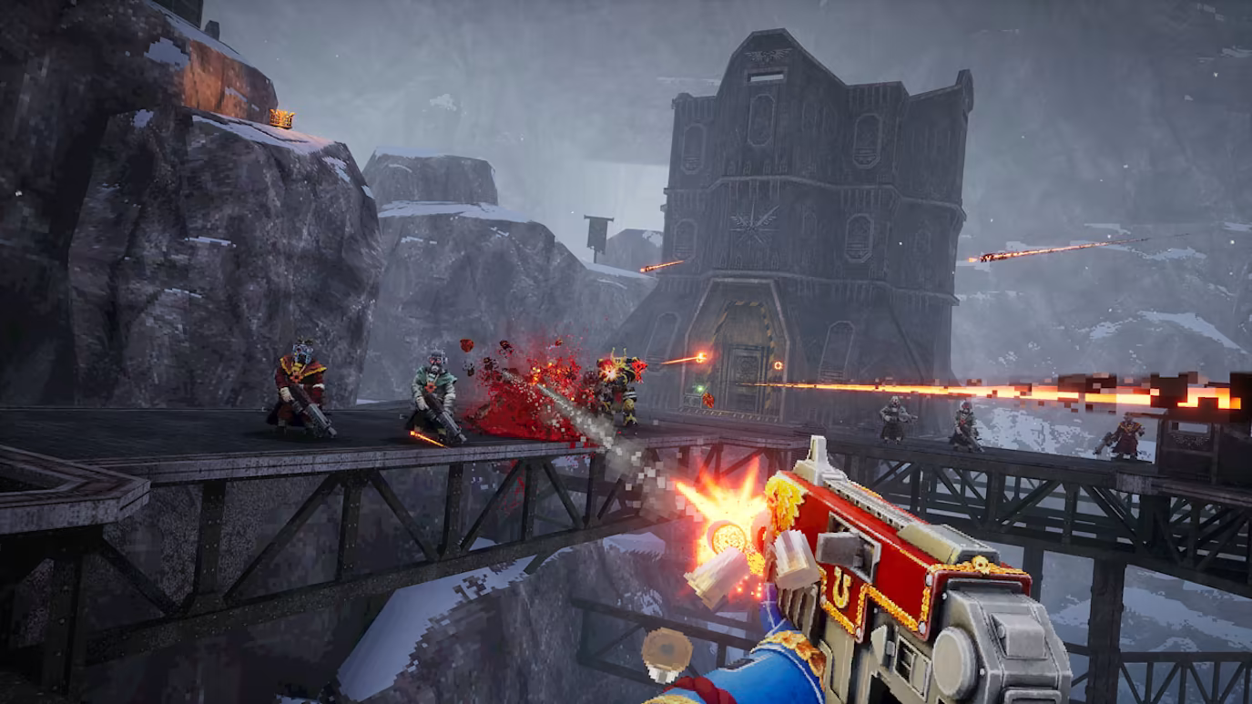Une scène de jeu de tir à la première personne avec des personnages se battant dans un environnement enneigé.