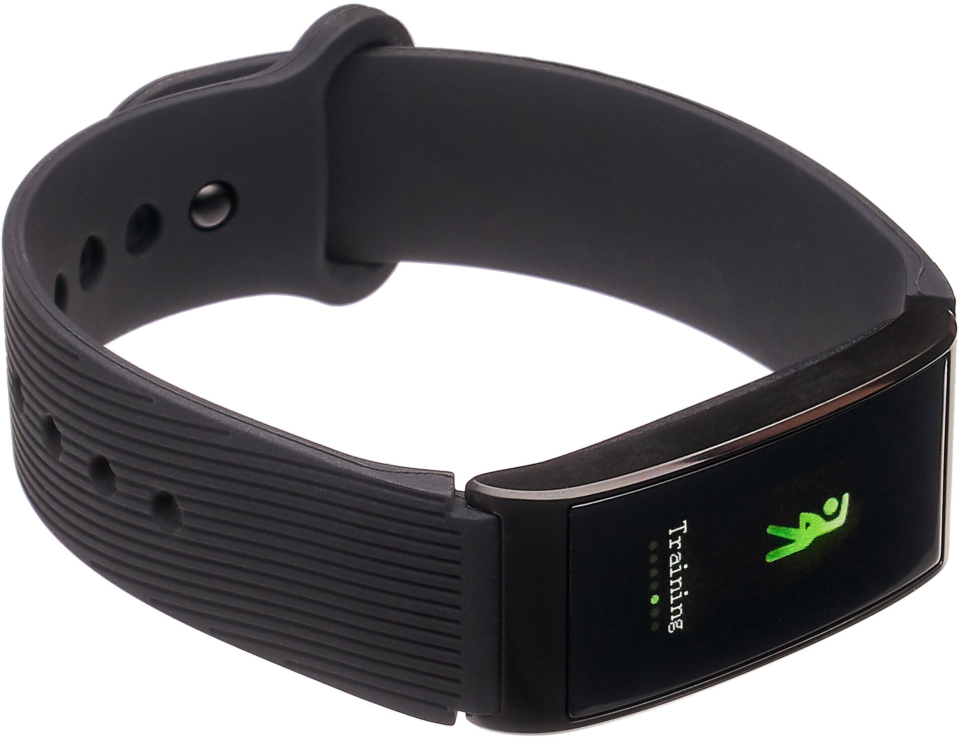 Czarna opaska fitness z ekranem pokazującym zieloną postać biegnącą i słowo 'Training'.
