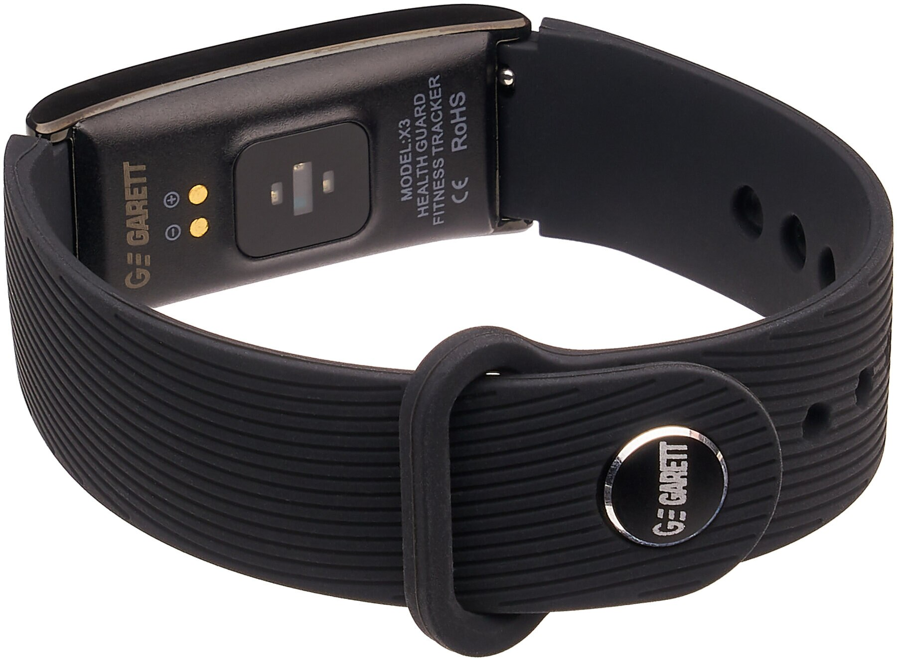 Czarny zegarek fitness z paskiem. Tył pokazuje czujnik i informacje o modelu.