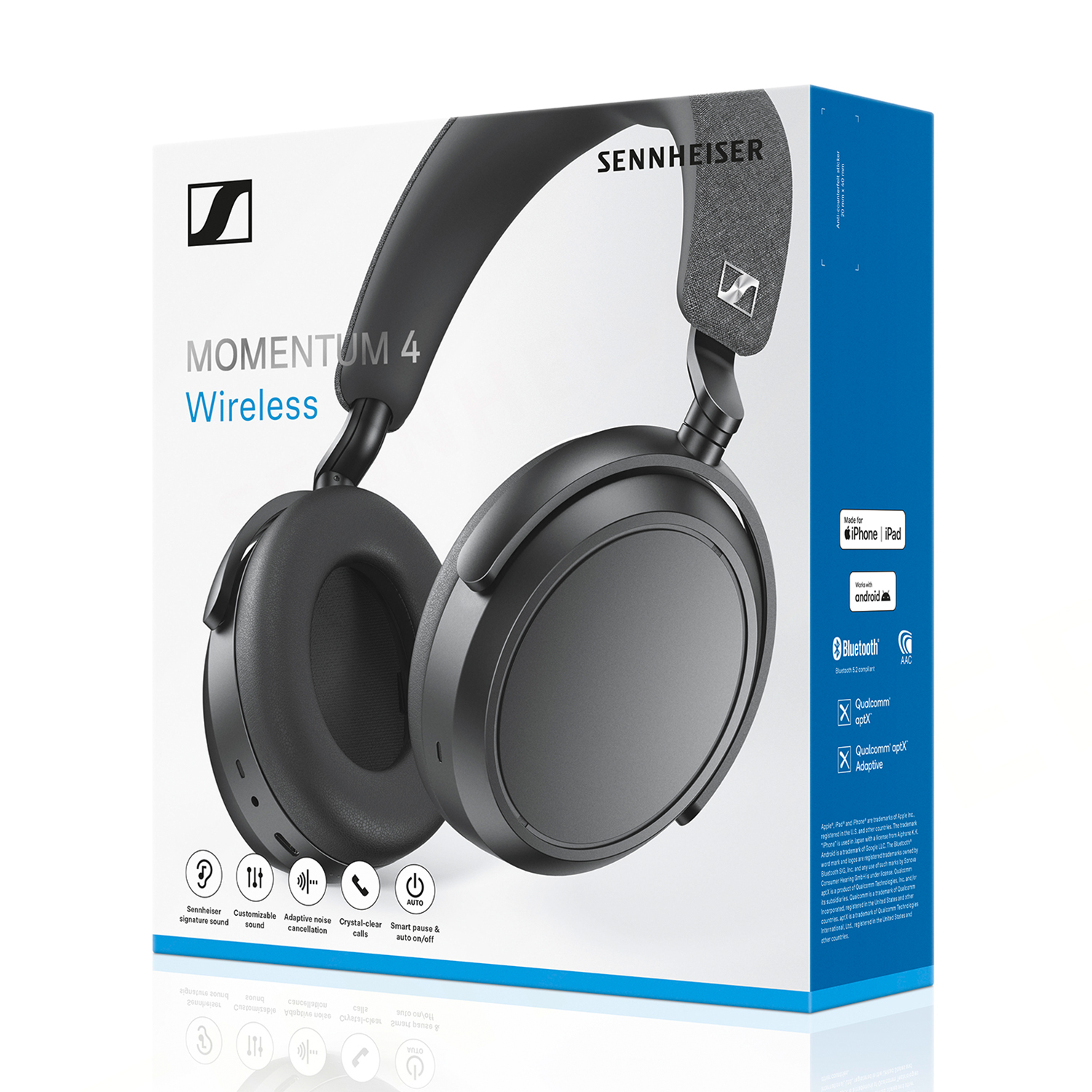 Cuffie wireless Sennheiser Momentum 4 in una scatola. La scatola è bianca con dettagli blu.