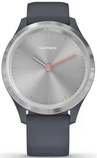 Szary zegarek Garmin z srebrną tarczą i czerwonymi wskazówkami.