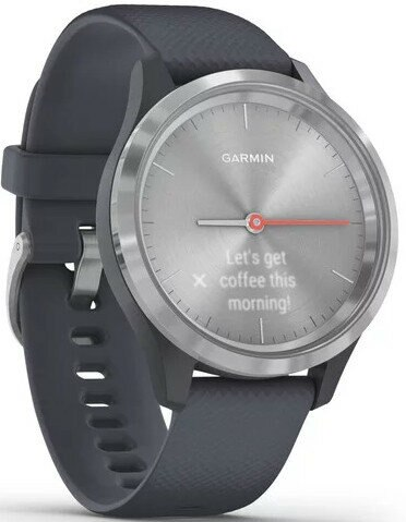 Szary smartwatch Garmin ze srebrną tarczą wyświetlającą wiadomość.